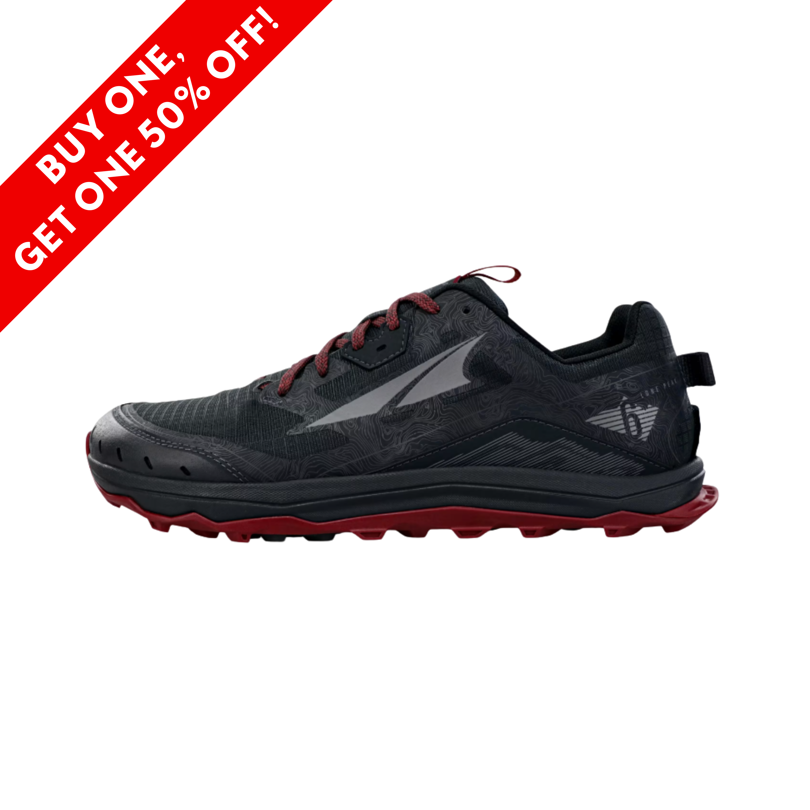 Side View of men’s Altra Lone Peak 6 in Black/Gray – Featuring a protective rock plate, a breathable mesh upper for ventilation, and a durable outsole for optimal traction on rugged terrains.