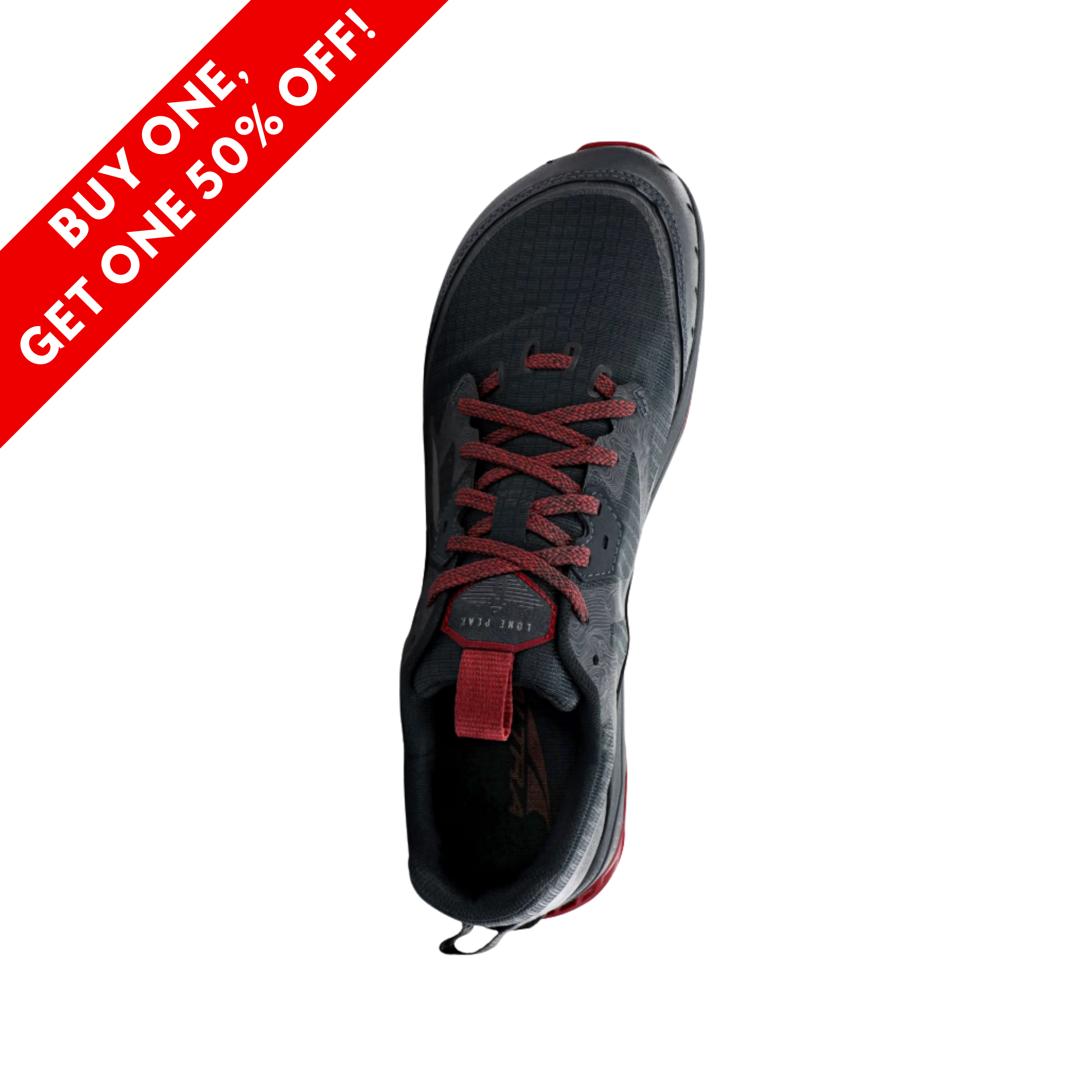 Top View of men’s Altra Lone Peak 6 in Black/Gray – Featuring a breathable mesh upper with a snug, supportive fit, and a flexible midsole for a smooth, comfortable ride over varied terrain.
