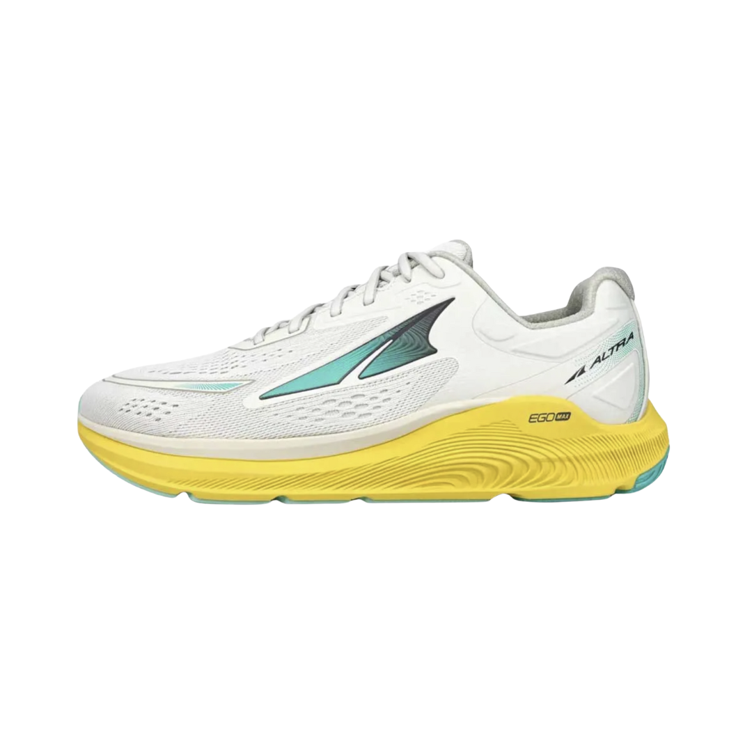 Side view of men’s Altra Paradigm 6 in Gray/Yellow – Featuring a lightweight design for improved agility, a cushioned midsole for stability, and a durable outsole for enhanced traction on various surfaces.