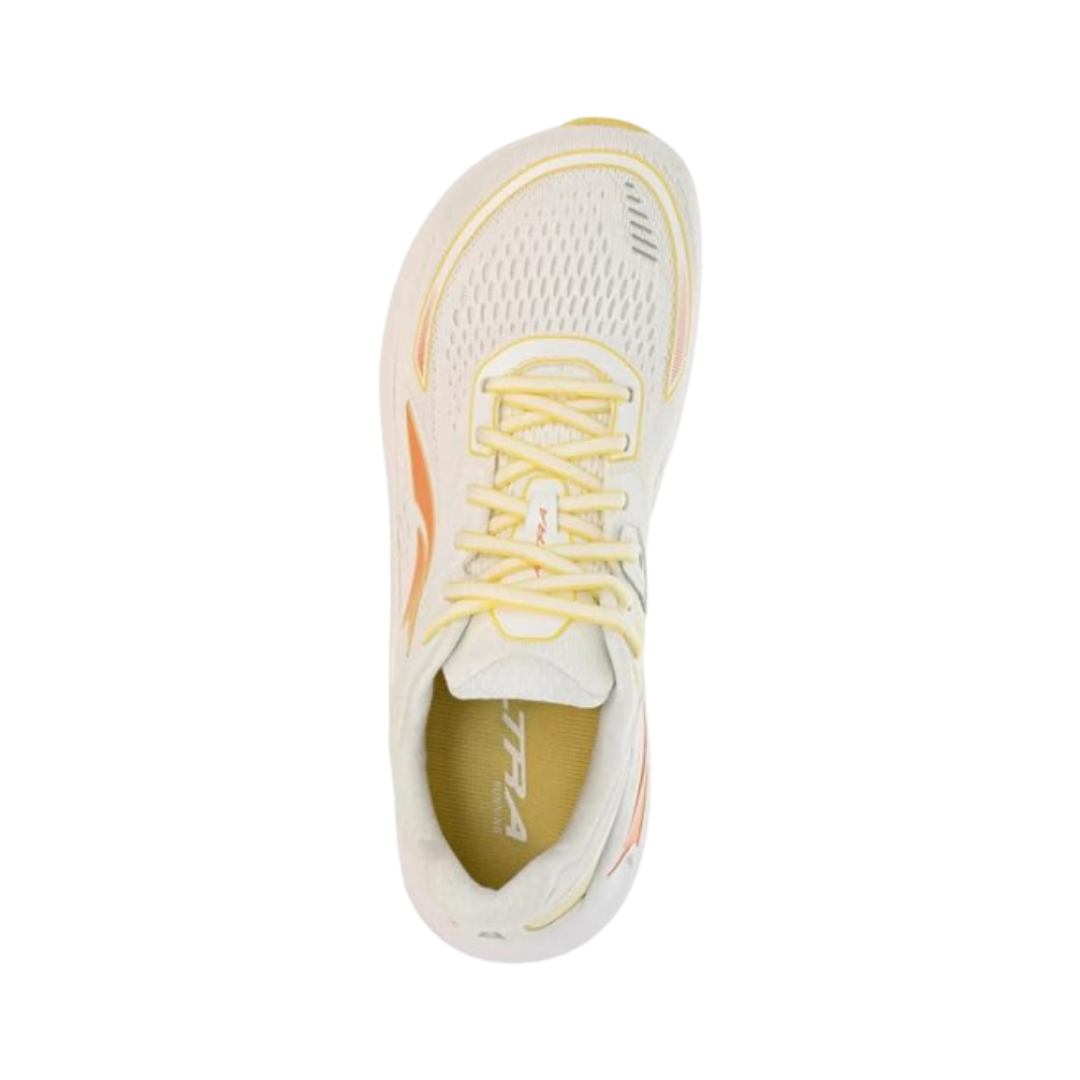 Top view of Women’s Altra Paradigm 6 in Yellow/White with ultra-plush EGO MAX cushioning, zero-drop Balanced Cushioning platform, and stability features for a smooth, supported ride; breathable mesh upper and roomy FootShape toe box ideal for runners and walkers.