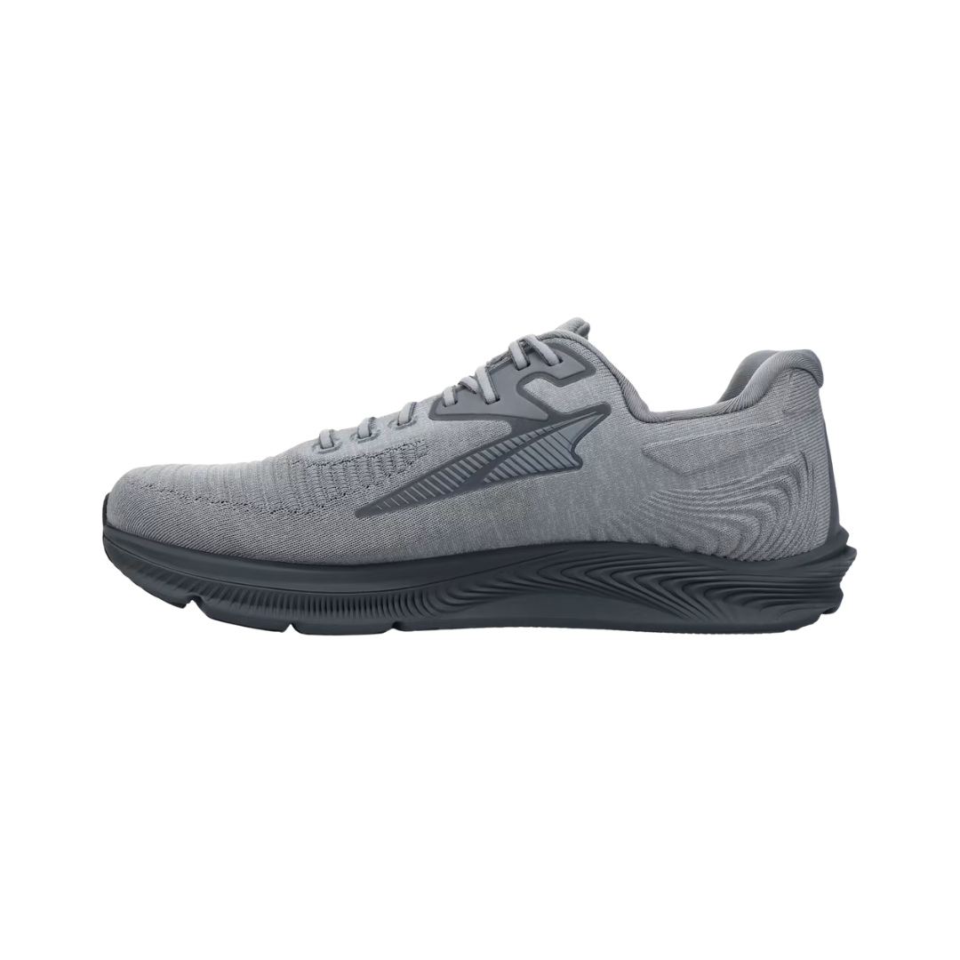 Side view of the Men’s Altra Torin 5 Luxe in Dark Gray, showing the engineered mesh upper, Balanced Cushioning zero-drop platform, and Altra EGO MAX midsole designed for plush, lightweight comfort. The shoe features a natural FootShape toe box and a sleek, versatile look suitable for everyday wear or light training.