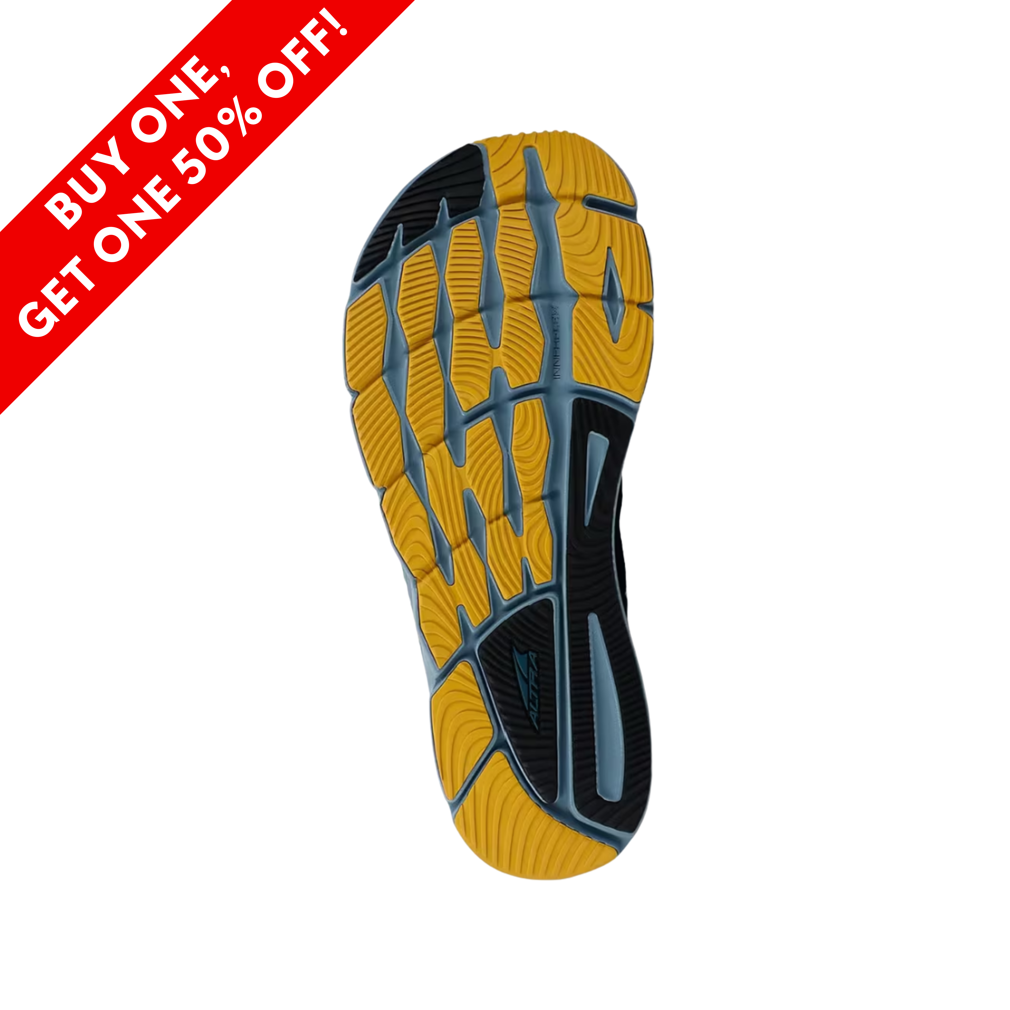 Bottom view of men’s Altra Torin 5 in Majolica Blue – featuring a durable rubber outsole with strategically placed traction pads for a smooth, responsive ride on various surfaces.