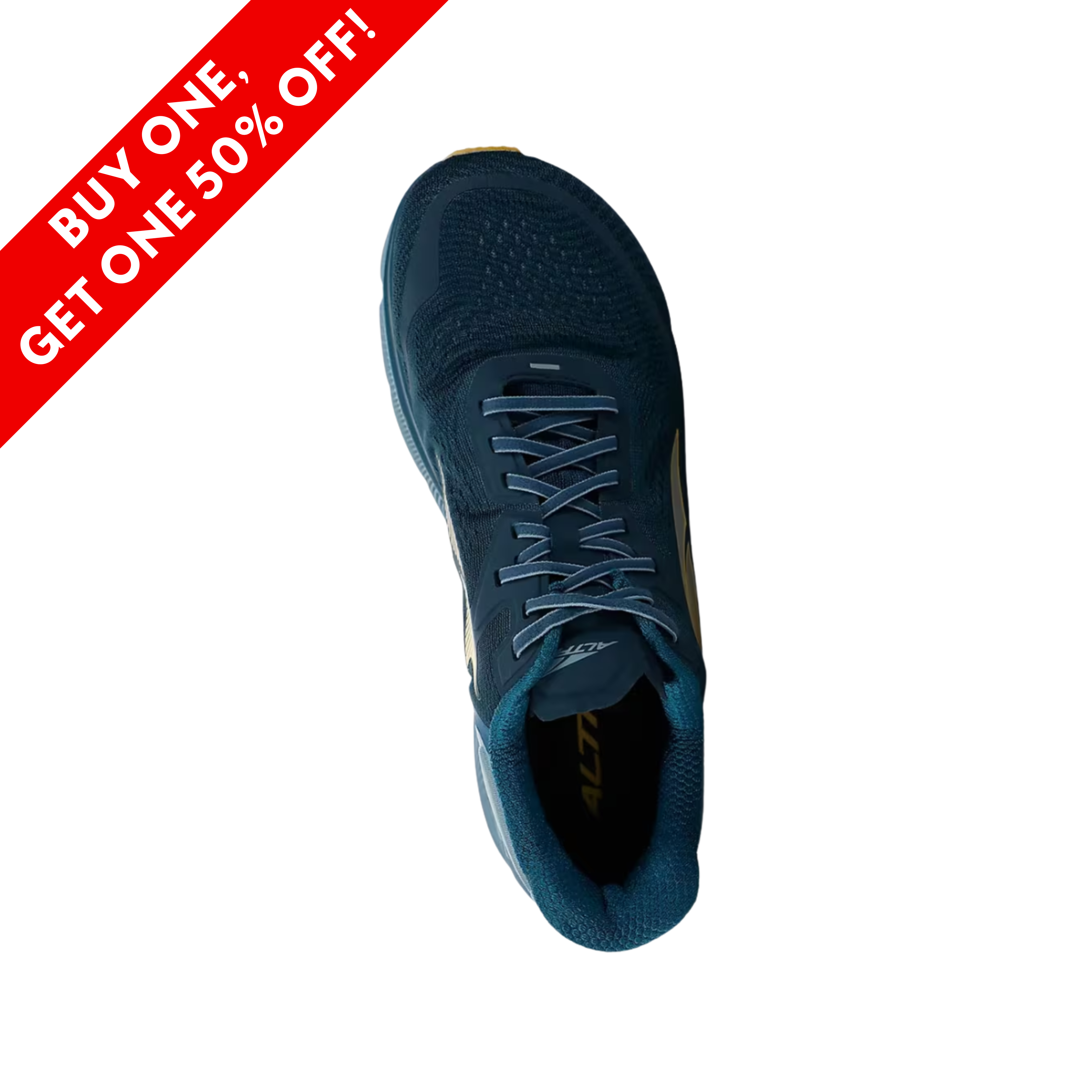 Front view of men’s Altra Torin 5 in Majolica Blue – featuring a sleek, breathable mesh upper with a wide toe box for a comfortable fit and optimal foot alignment.