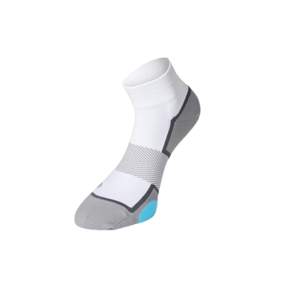 Angled View of Anodyne 8 Quarter Length Diabetic Sock in white – featuring a seamless toe to prevent irritation, cushioned sole for added comfort, and breathable knit design for moisture control.