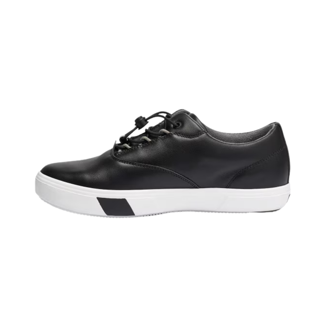 Side View of Women’s Anodyne 93 Casual Sneaker in black – featuring a low-profile sleek design, contrast stitching detail for added style, and cushioned midsole for enhanced underfoot comfort.