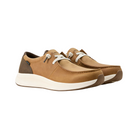 Angled View of Men’s Ariat Buckeye Waterproof Casual Shoe in sunset wheat/dark coffee – featuring a versatile, stylish design, cushioned midsole for comfort, and breathable waterproof construction.