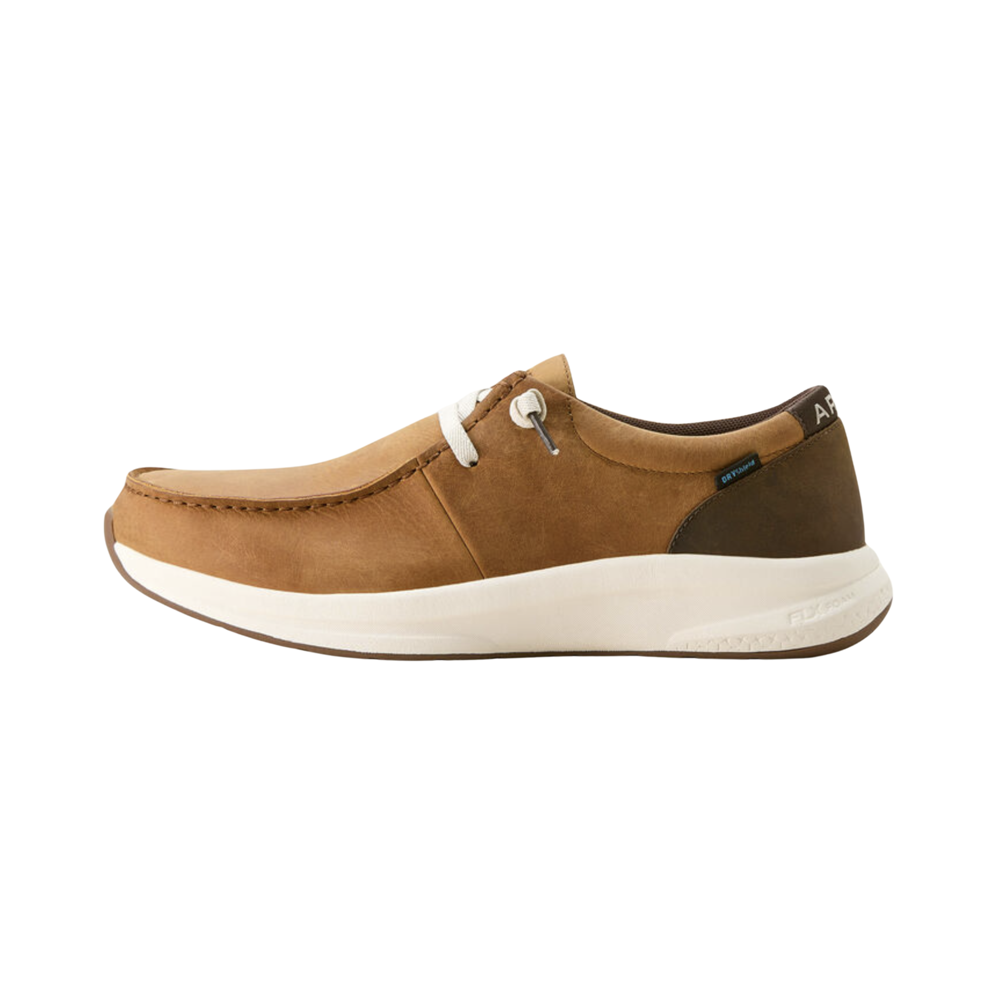 Side View of Men’s Ariat Buckeye Waterproof Casual Shoe in sunset wheat/dark coffee – featuring a durable leather upper, shock-absorbing EVA midsole, and rugged casual aesthetic.