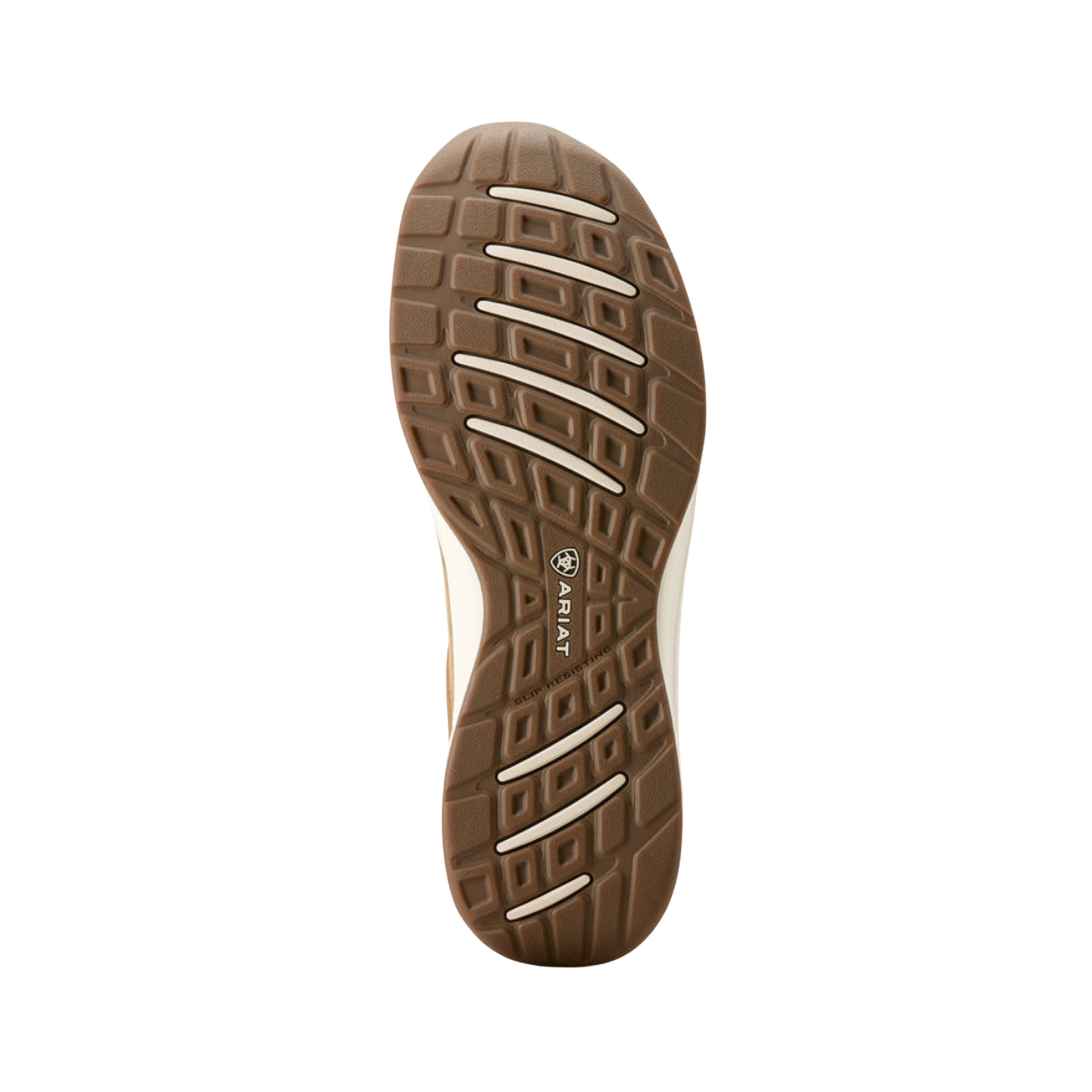 Bottom View of Men’s Ariat Buckeye Waterproof Casual Shoe in sunset  coffee – featuring a durable rubber outsole with traction for secure footing on various surfaces.