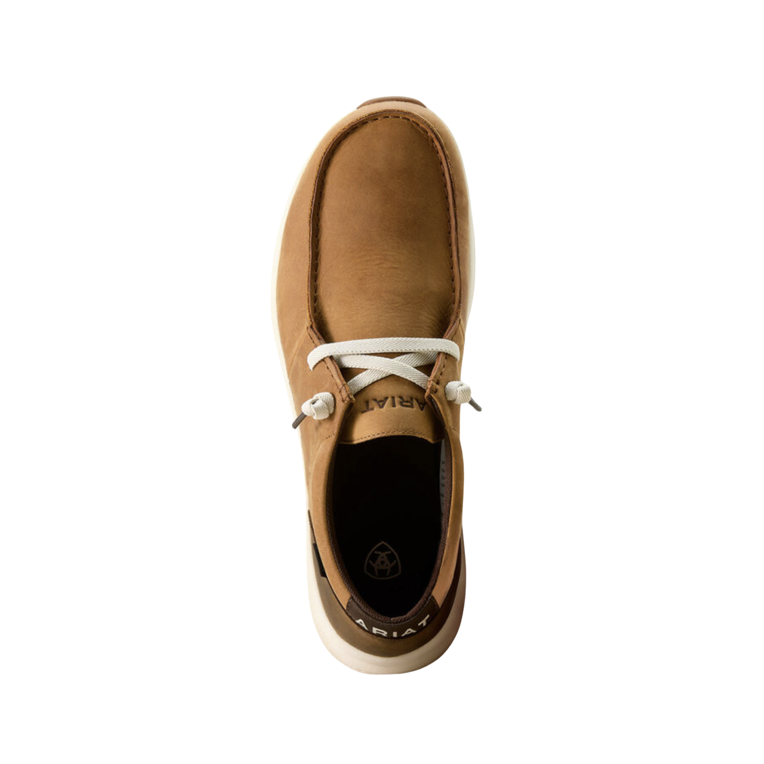 Top View of Men’s Ariat Buckeye Waterproof Casual Shoe in sunset wheat/dark coffee – featuring a cushioned insole, secure lace-up design, and premium leather upper with waterproof technology.