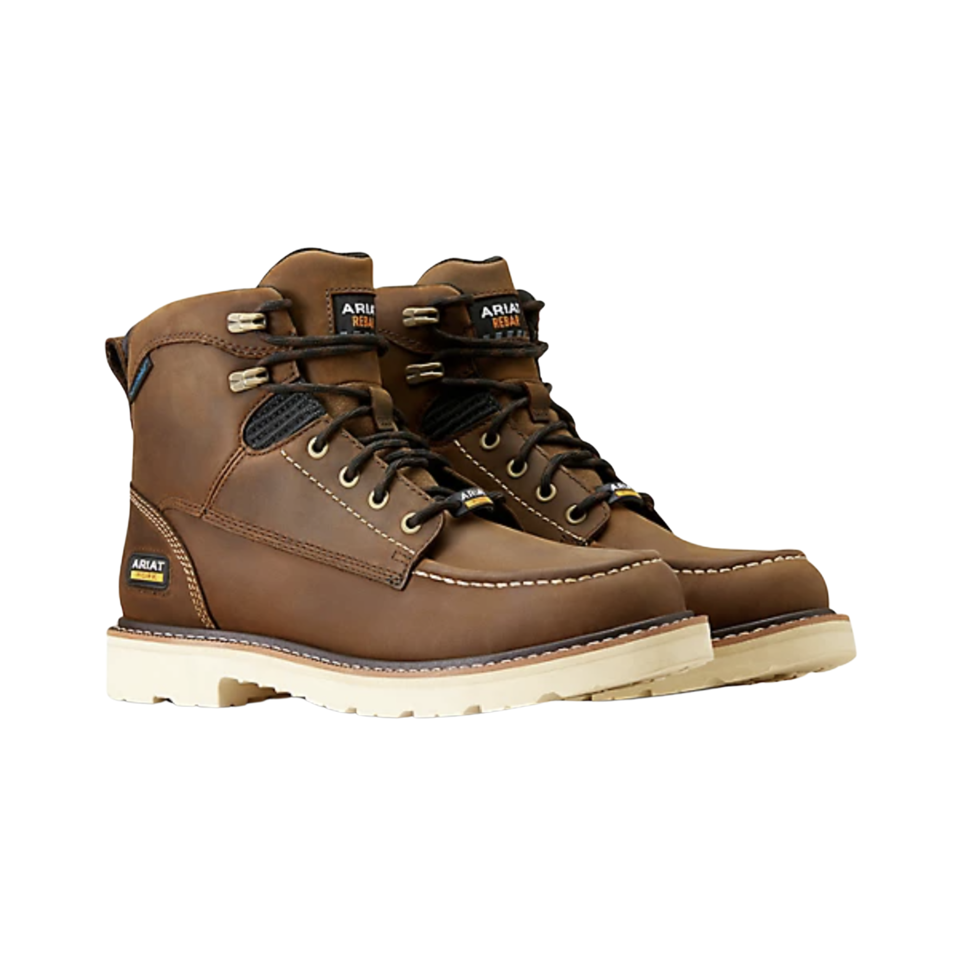 Side View of Men’s Ariat Rebar in distressed brown – featuring durable leather, 6-inch shaft for ankle support, and flexible Rebar Flex construction.