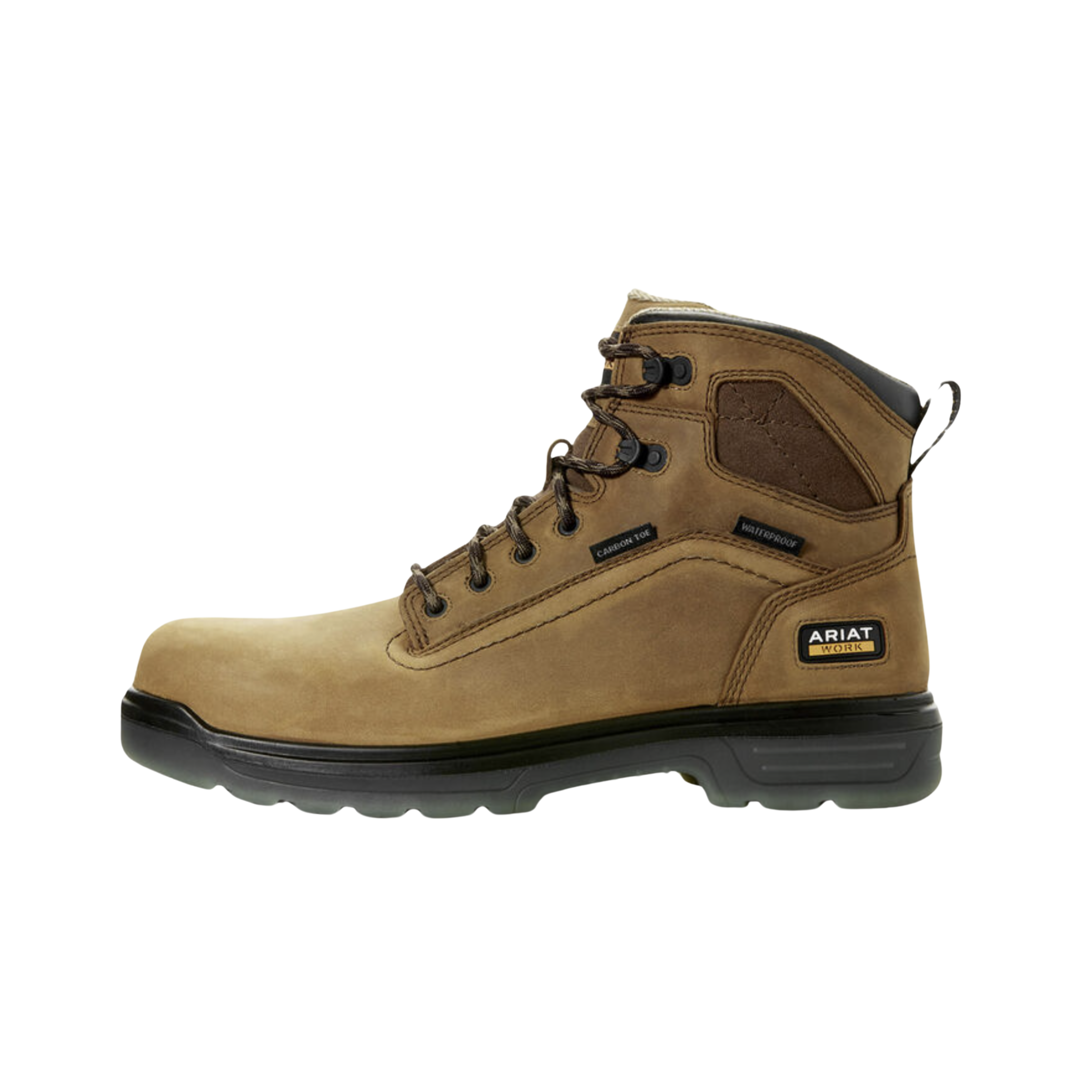 Side View of Men’s Ariat Turbo in aged bark – featuring a 6-inch lace-up shaft for ankle support, carbon safety toe, and oil- and slip-resistant Duratread™ outsole.