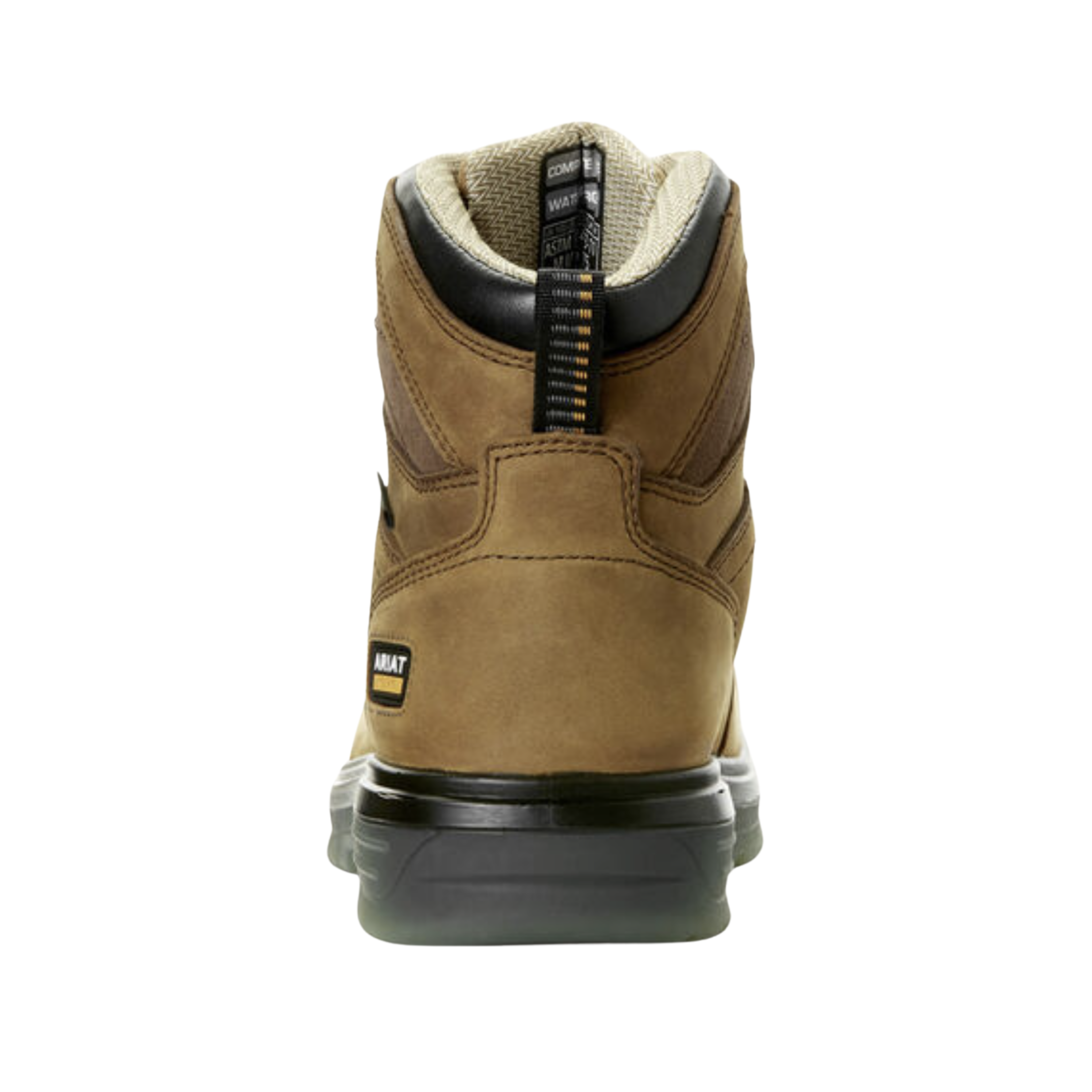 Back View of Men’s Ariat Turbo 6" Waterproof Carbon Toe Boot in aged bark – featuring a pull tab for easy on and off, padded collar, and durable heel construction for long-lasting wear.