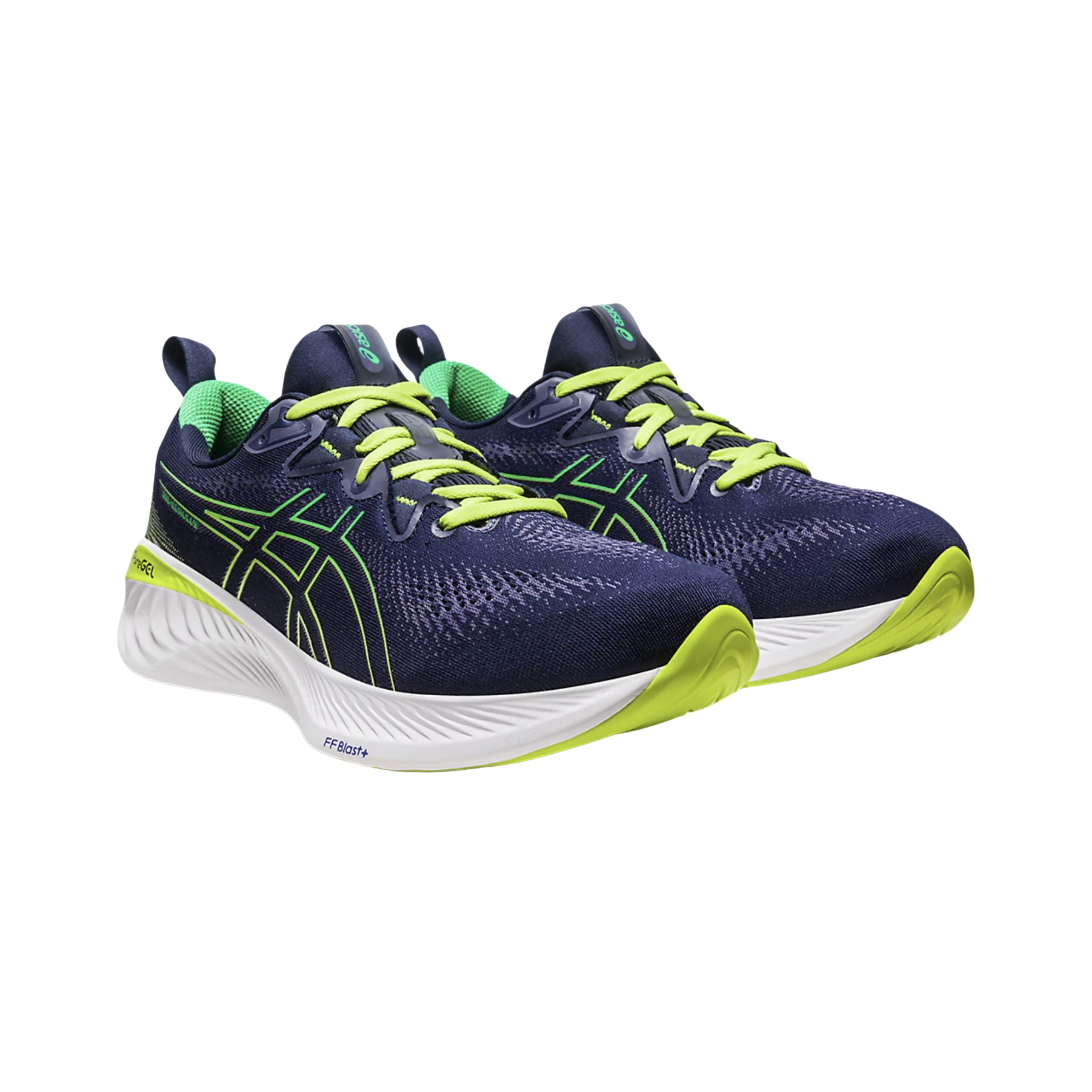 Side View of Men’s Asics Gel-Cumulus 25 running shoe in midnight cilantro – featuring a breathable engineered mesh upper, FF BLAST PLUS cushioning for lightweight responsiveness, and durable rubber outsole for smooth transitions and reliable traction.