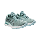 Angled View of Women’s Asics Gel-Nimbus 24 running shoe in sage clear blue – featuring a breathable engineered mesh upper, FF BLAST PLUS cushioning for lightweight responsiveness, and a durable rubber outsole for smooth, stable performance.