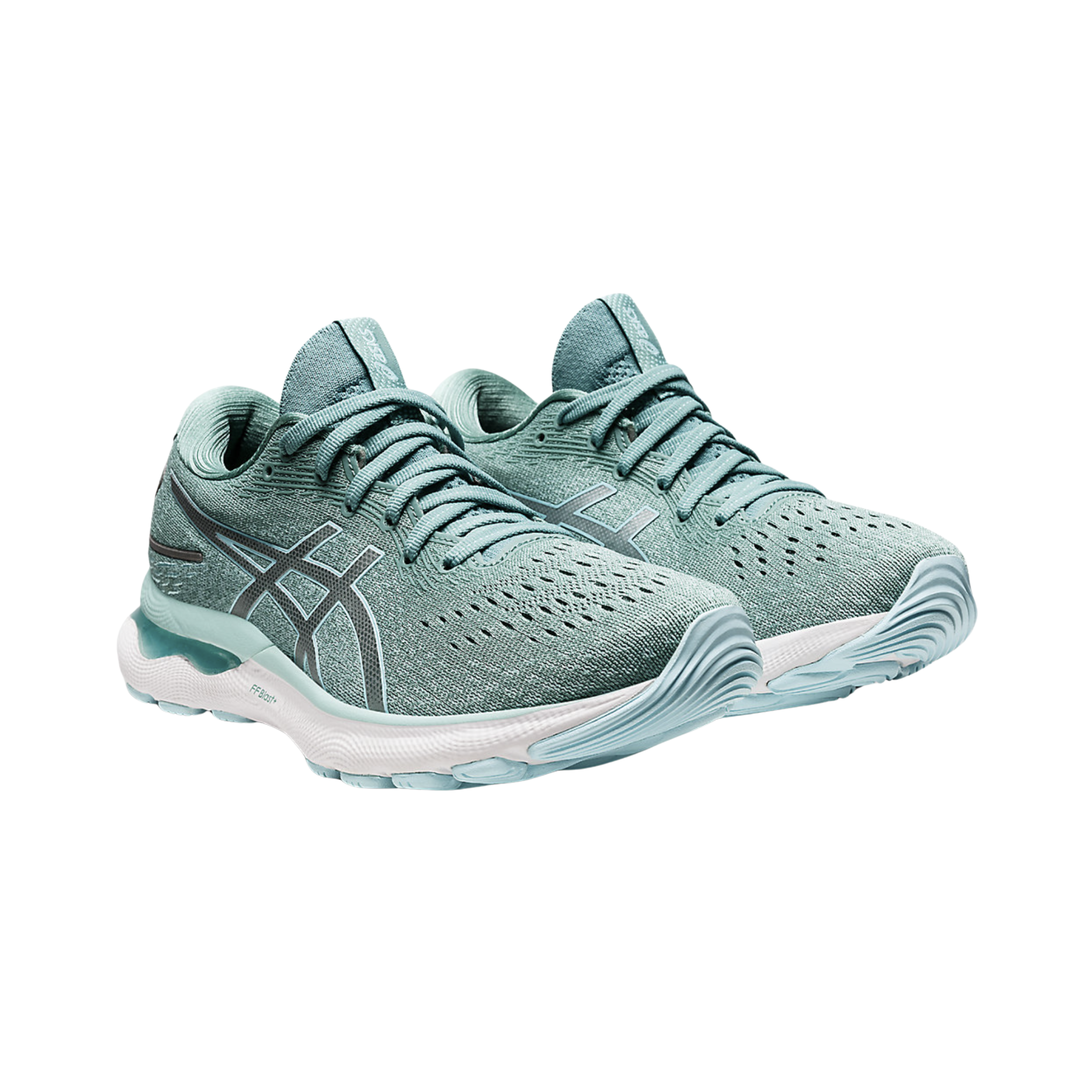 Angled View of Women’s Asics Gel-Nimbus 24 running shoe in sage clear blue – featuring a breathable engineered mesh upper, FF BLAST PLUS cushioning for lightweight responsiveness, and a durable rubber outsole for smooth, stable performance.