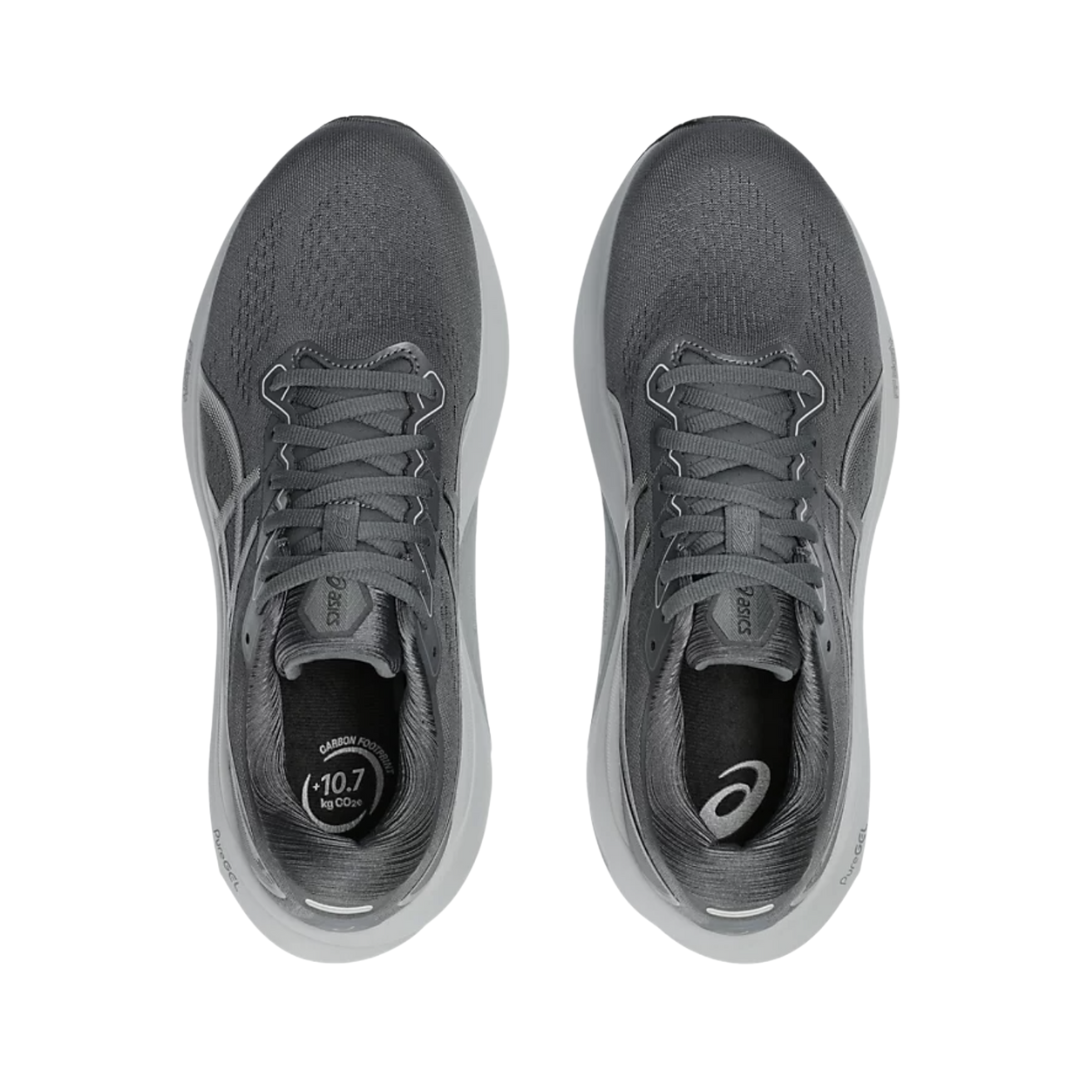 Front View of Men’s Asics Gel-Kayano 30 running shoe in carrier grey piedmont grey – featuring a breathable engineered mesh upper with rounded toe, padded tongue for comfort, and lace-up closure for a secure fit.