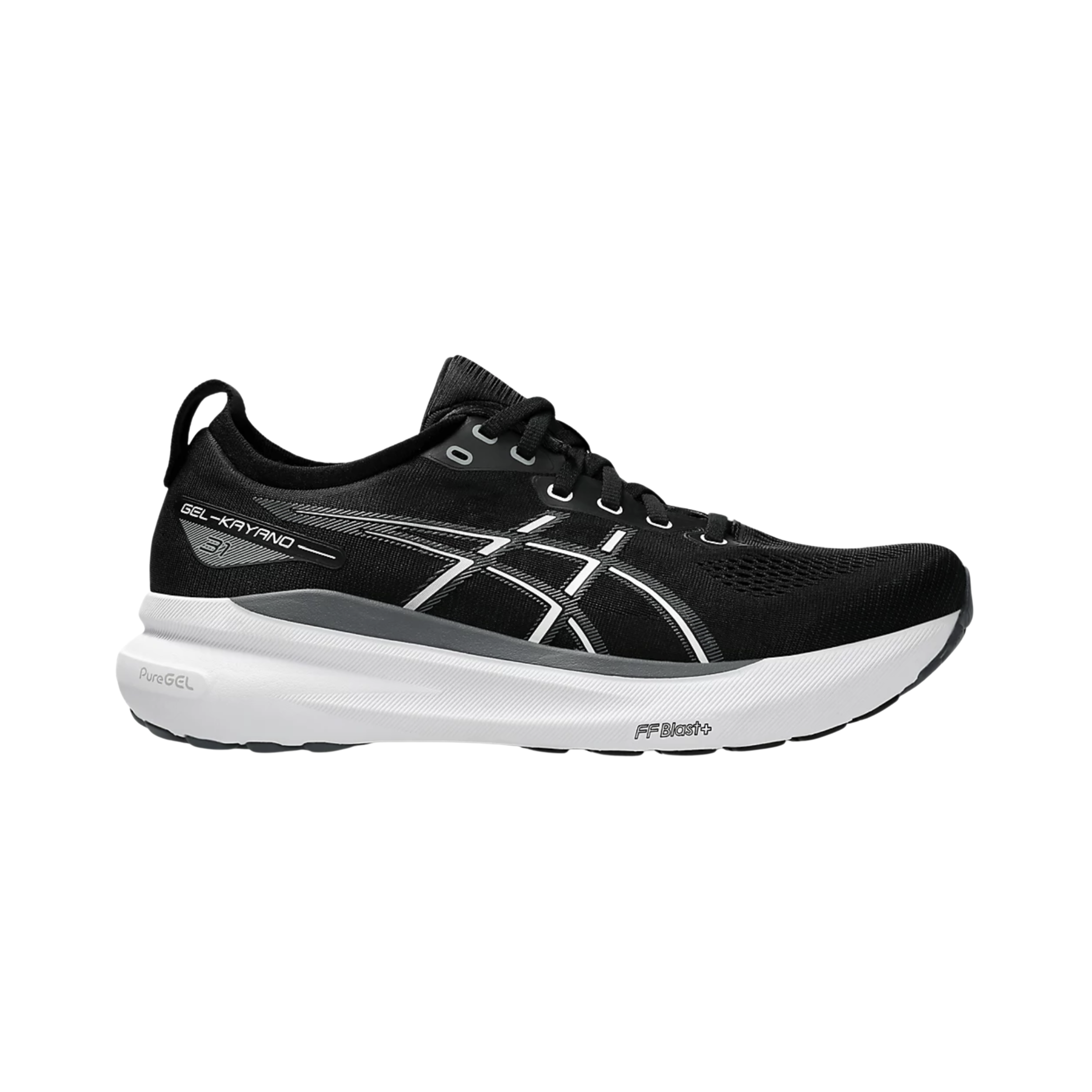 Side View of Men’s Asics Gel-Kayano 31 running shoe in black white – featuring a breathable engineered mesh upper, FF BLAST PLUS ECO cushioning for lightweight responsiveness, and LITETRUSS support system for enhanced stability.