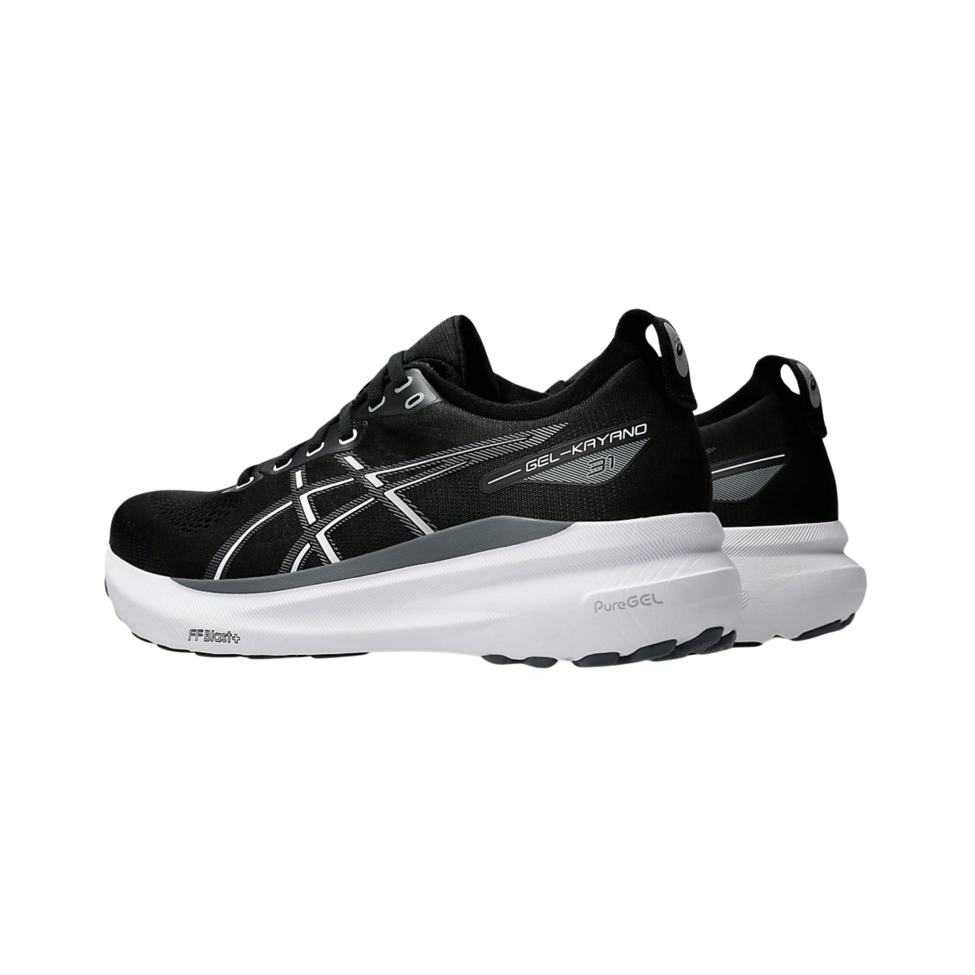 Side View of Men’s Asics Gel-Kayano 31 running shoe in black white – featuring a breathable engineered mesh upper, FF BLAST PLUS ECO cushioning for lightweight responsiveness, and LITETRUSS support system for enhanced stability.
