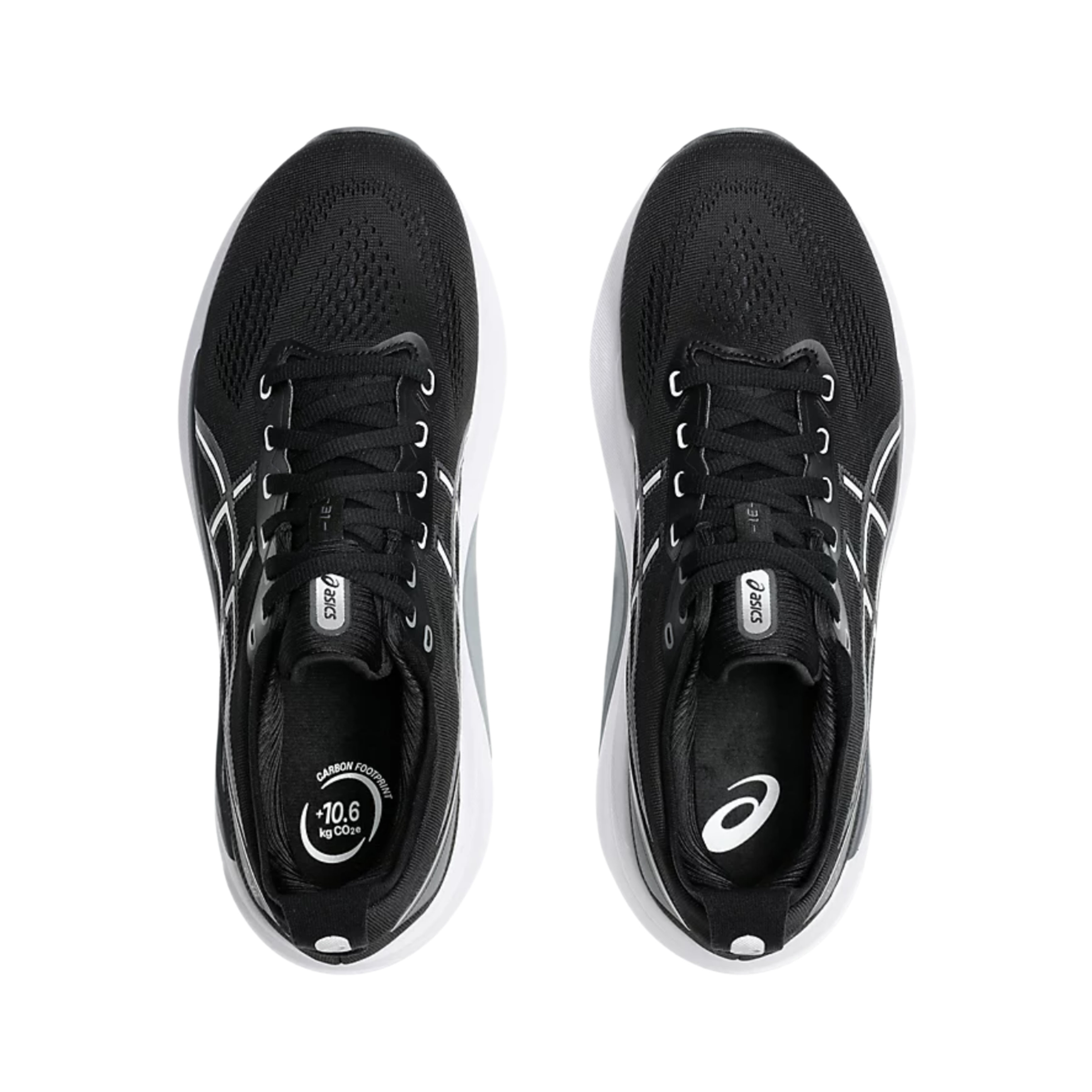 Front View of Men’s Asics Gel-Kayano 31 running shoe in black white – featuring a breathable mesh upper with rounded toe, padded tongue for comfort, and secure lace-up closure for a snug fit.