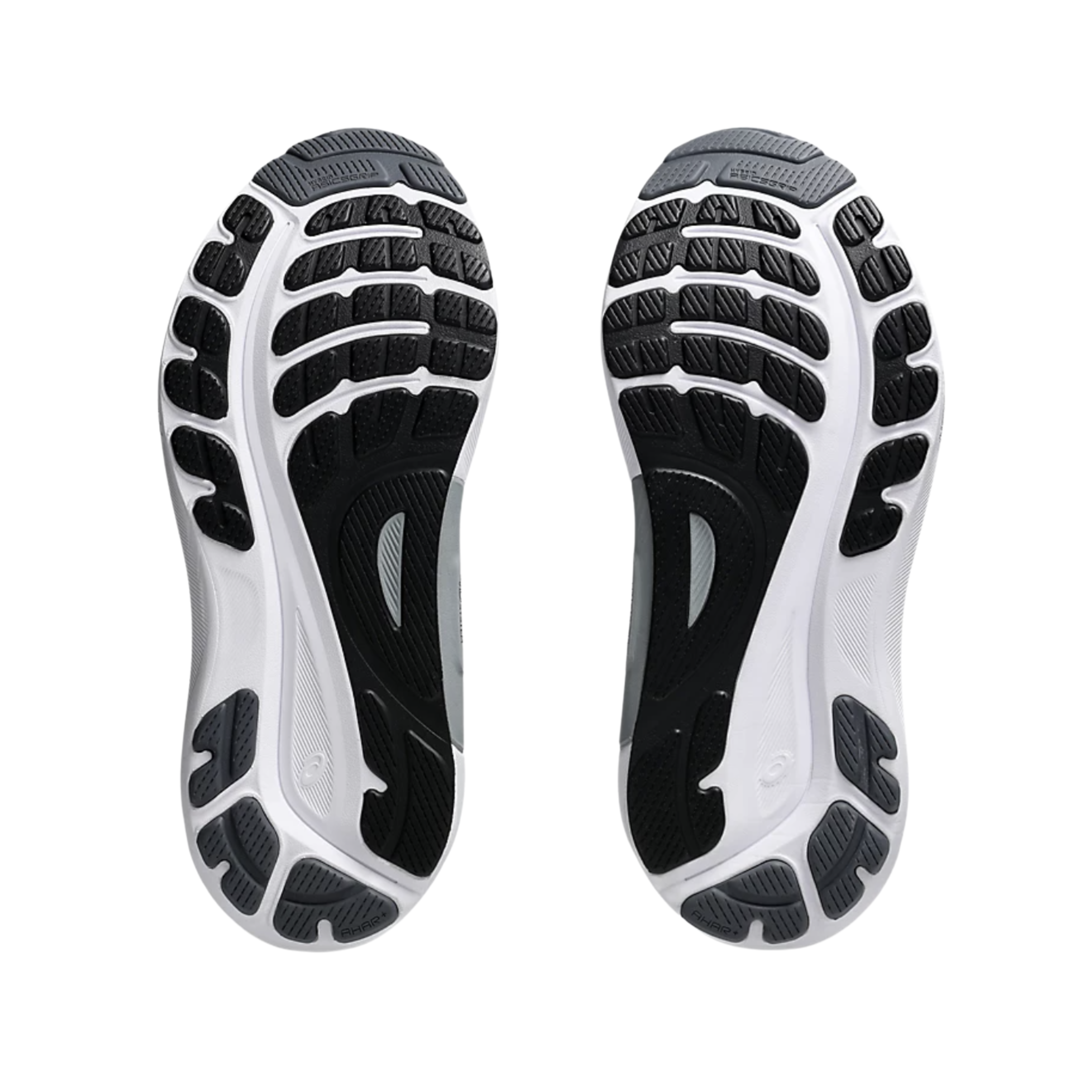 Bottom View of Men’s Asics Gel-Kayano 31 running shoe in black white – featuring a durable AHAR rubber outsole, strategically placed flex grooves for smooth transitions, and textured tread for dependable grip and stability.