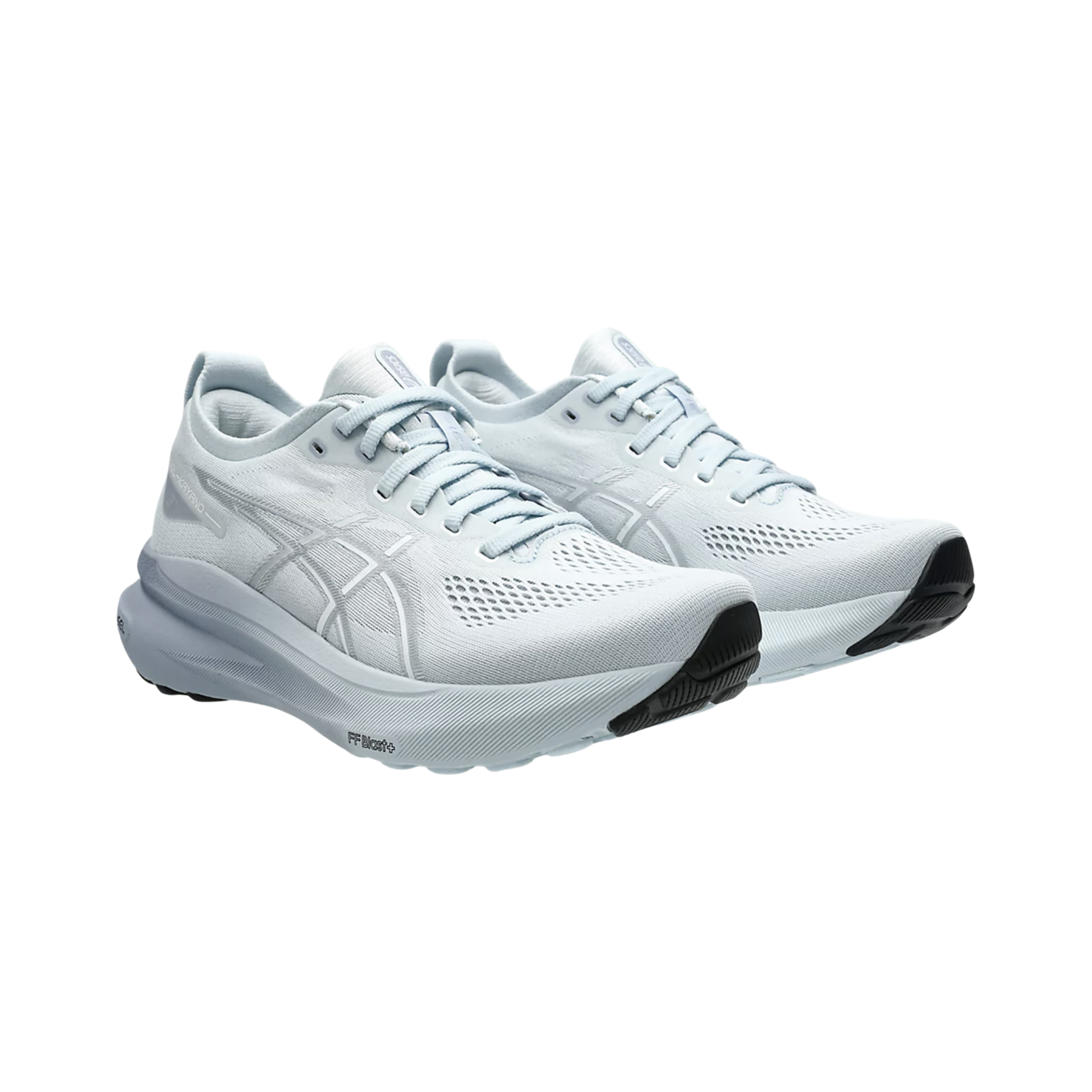 Side View of Women’s Asics Gel-Kayano 31 running shoe in cool grey pure silver – featuring a breathable mesh upper, FF BLAST PLUS ECO cushioning for lightweight responsiveness, and LITETRUSS stability system for enhanced support.