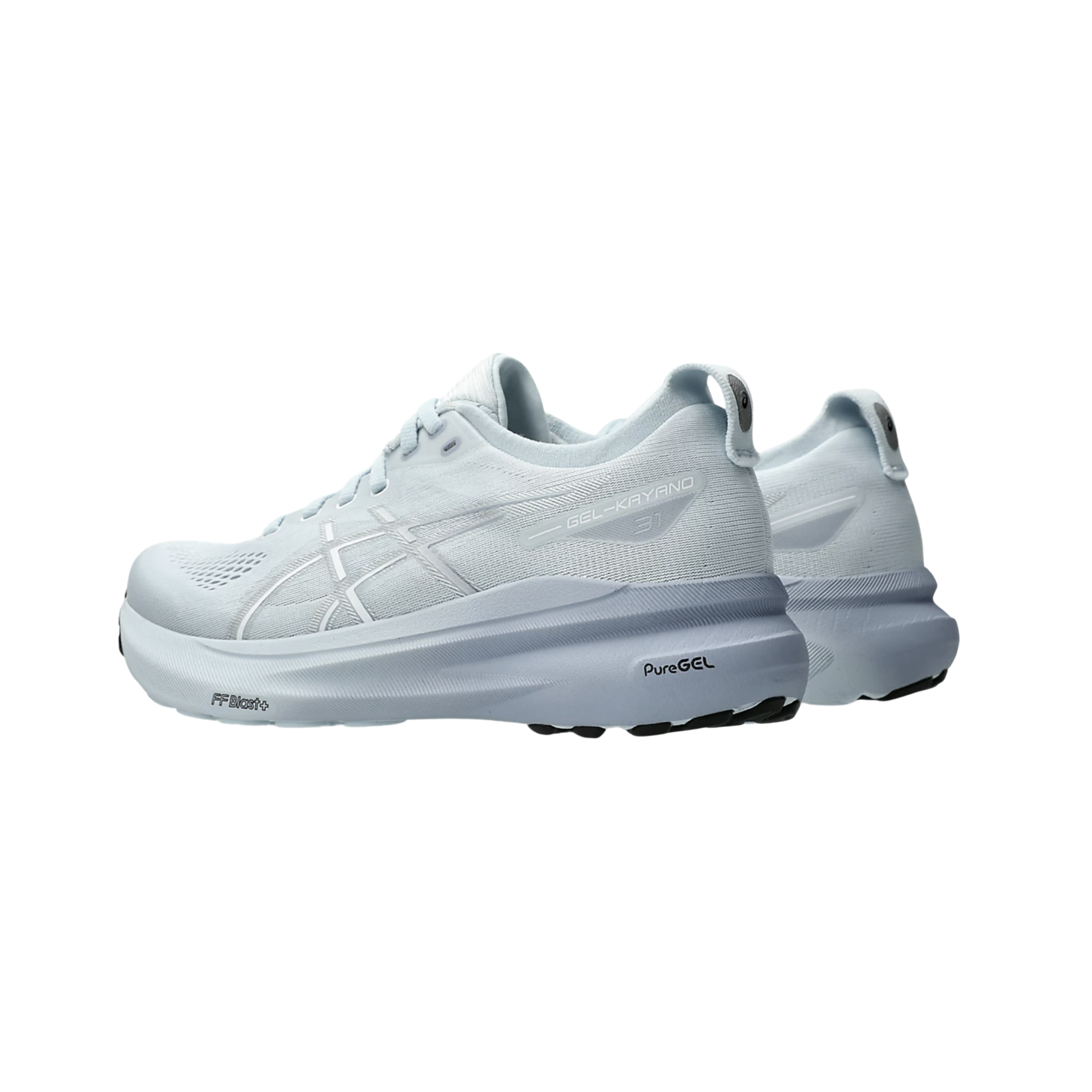 Side View of Women’s Asics Gel-Kayano 31 running shoe in cool grey pure silver – featuring a breathable mesh upper, FF BLAST PLUS ECO cushioning for lightweight responsiveness, and LITETRUSS stability system for enhanced support.