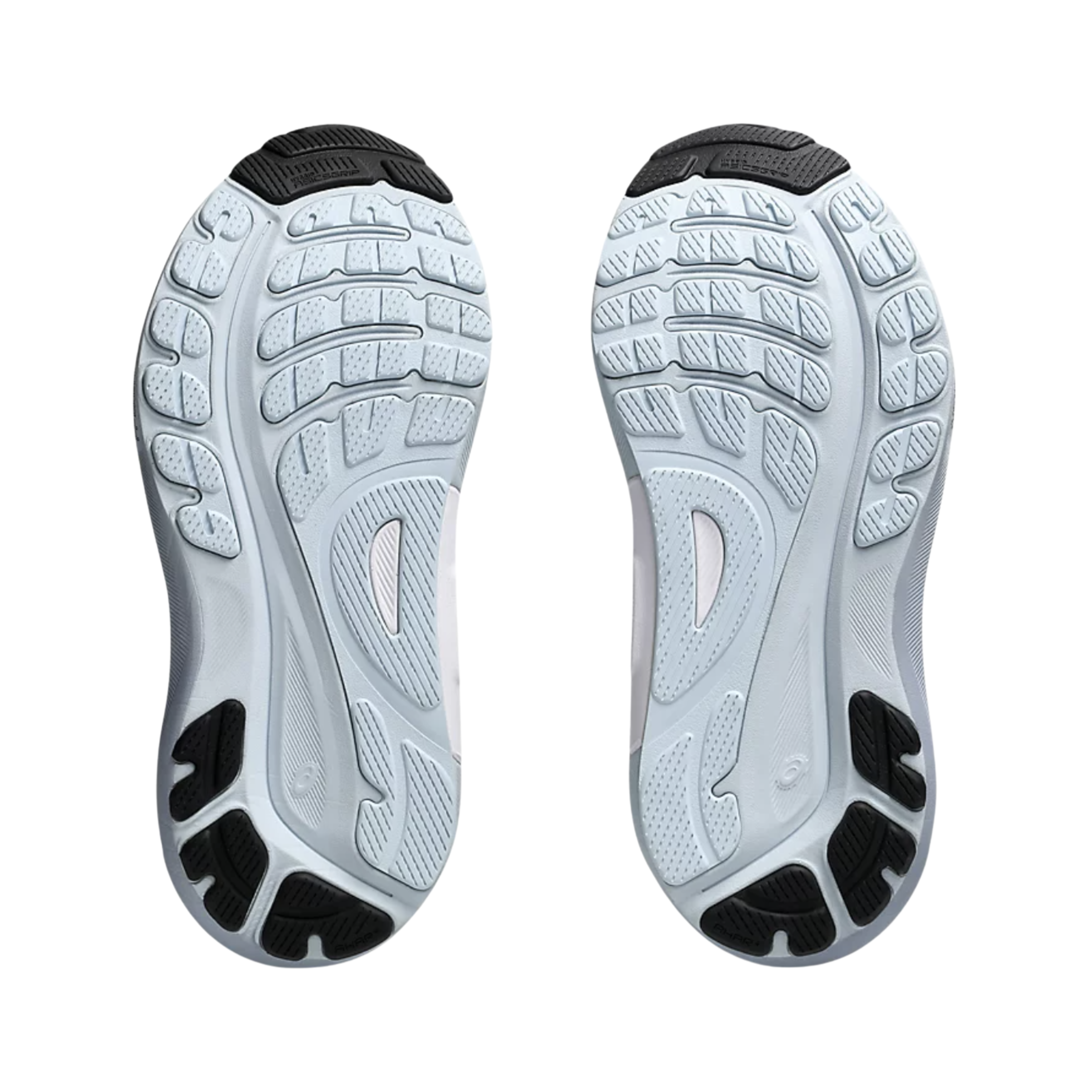 Bottom View of Women’s Asics Gel-Kayano 31 running shoe in cool grey pure silver – featuring a durable AHAR rubber outsole, flex grooves for natural stride movement, and textured tread pattern for reliable grip and stability.