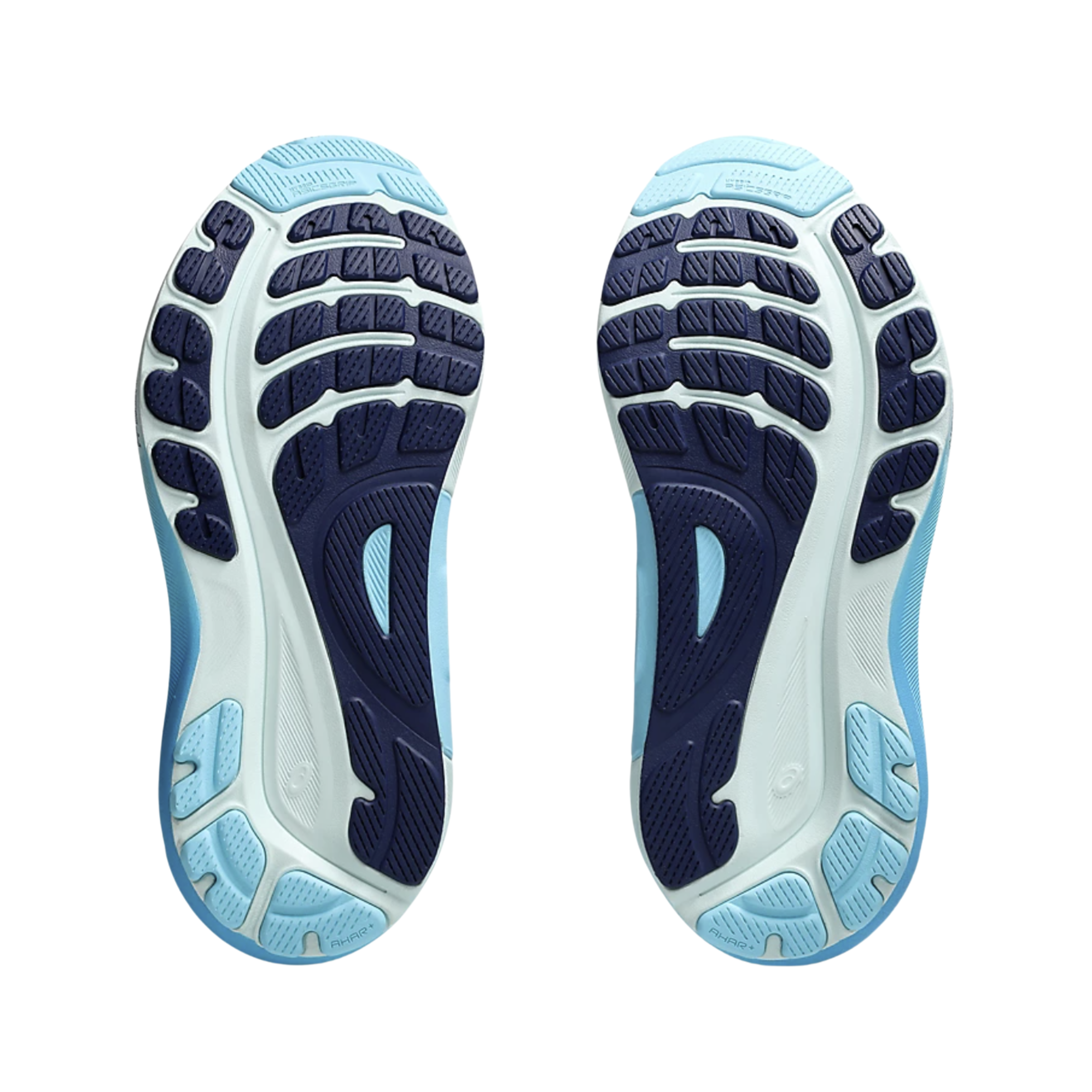 Bottom View of Unisex Asics Gel-Nimbus 26 running shoe in black graphite grey – featuring a durable AHAR rubber outsole, hybrid tread pattern for multi-surface grip, and flex grooves for smooth heel-to-toe transitions.