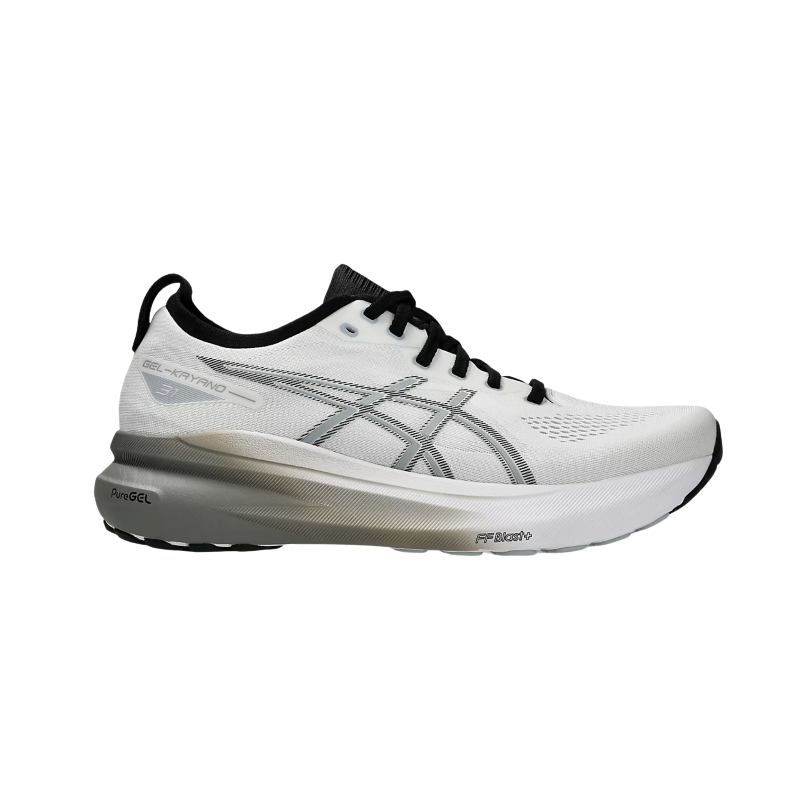 Side View of Men’s Asics Gel-Kayano 31 running shoe in white piedmont grey – featuring a breathable engineered mesh upper, FF BLAST PLUS ECO cushioning for responsive comfort, and LITETRUSS support system for enhanced stability.