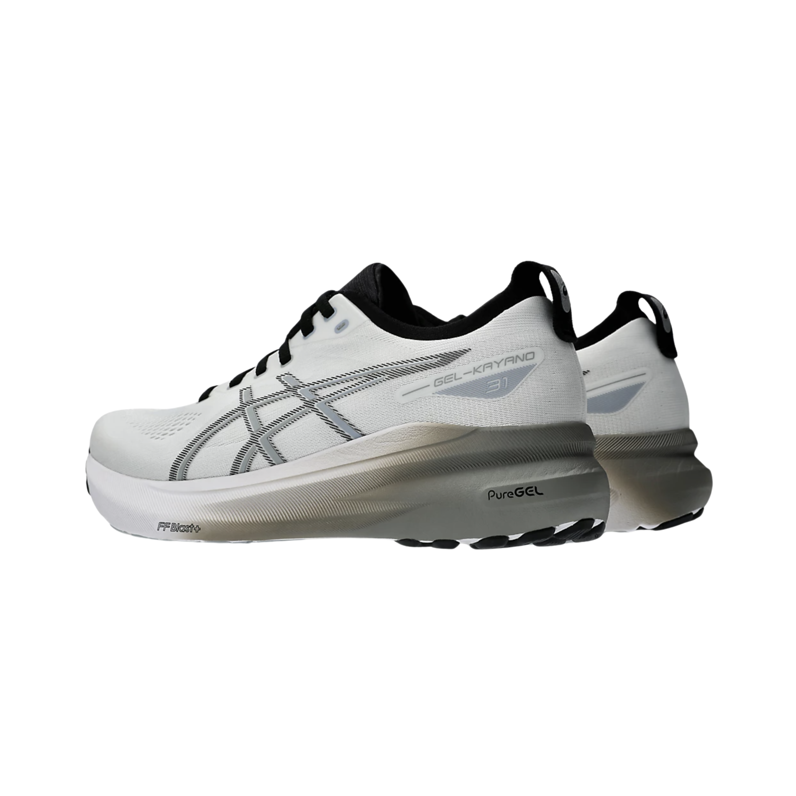 Side View of Men’s Asics Gel-Kayano 31 running shoe in white piedmont grey – featuring a breathable engineered mesh upper, FF BLAST PLUS ECO cushioning for responsive comfort, and LITETRUSS support system for enhanced stability.
