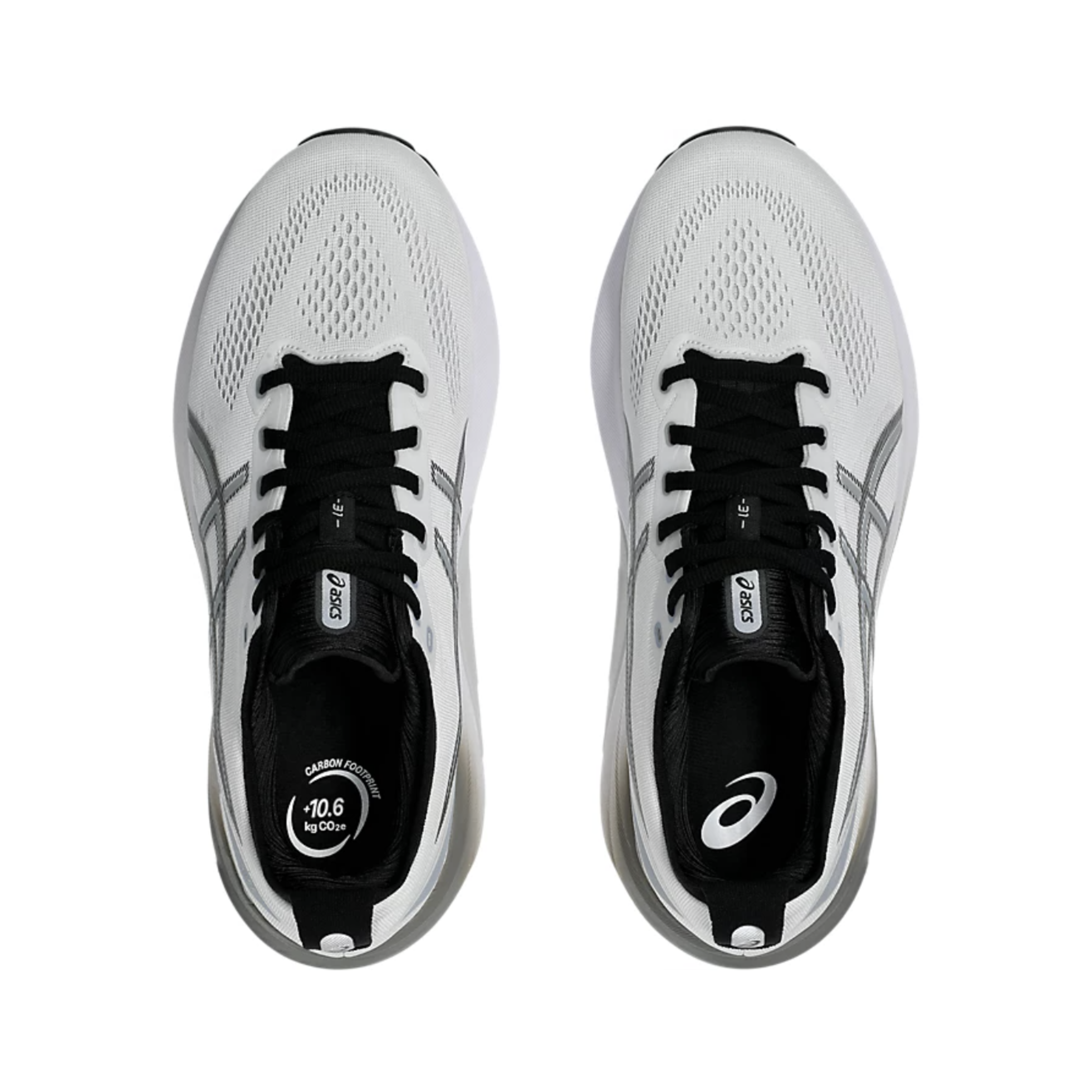 Front View of Men’s Asics Gel-Kayano 31 running shoe in white piedmont grey – featuring a breathable mesh upper with rounded toe, padded tongue for added comfort, and lace-up closure for a secure fit.