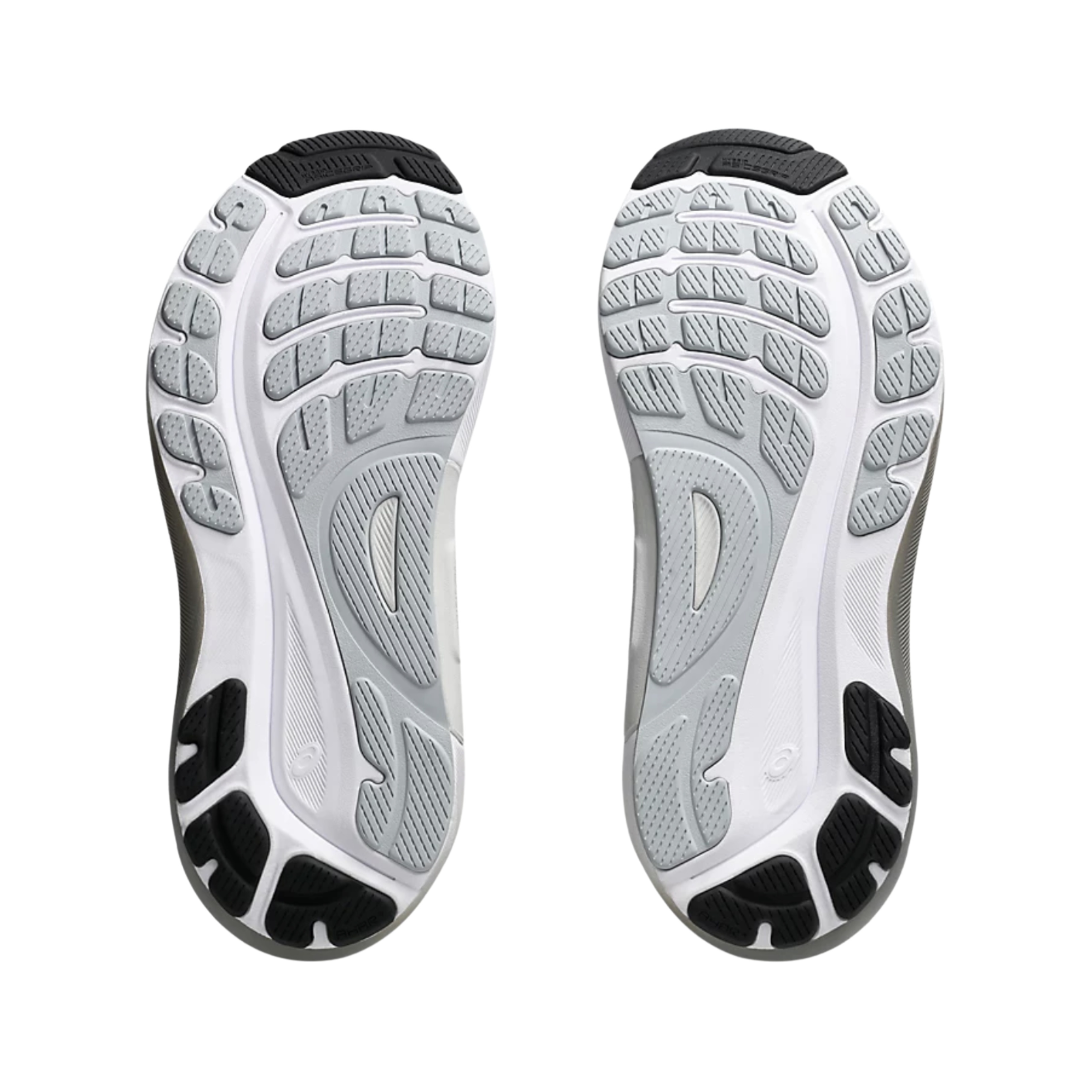 Bottom View of Men’s Asics Gel-Kayano 31 running shoe in white piedmont grey – featuring a durable AHAR rubber outsole, flex grooves for smooth stride transitions, and textured tread for stable traction and grip.