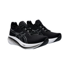 Side View of Unisex Asics Gel-Nimbus 26 running shoe in black graphite grey – featuring a breathable knit upper, FF BLAST PLUS ECO cushioning for ultra-soft comfort, and AHAR rubber outsole for durable traction and smooth transitions.