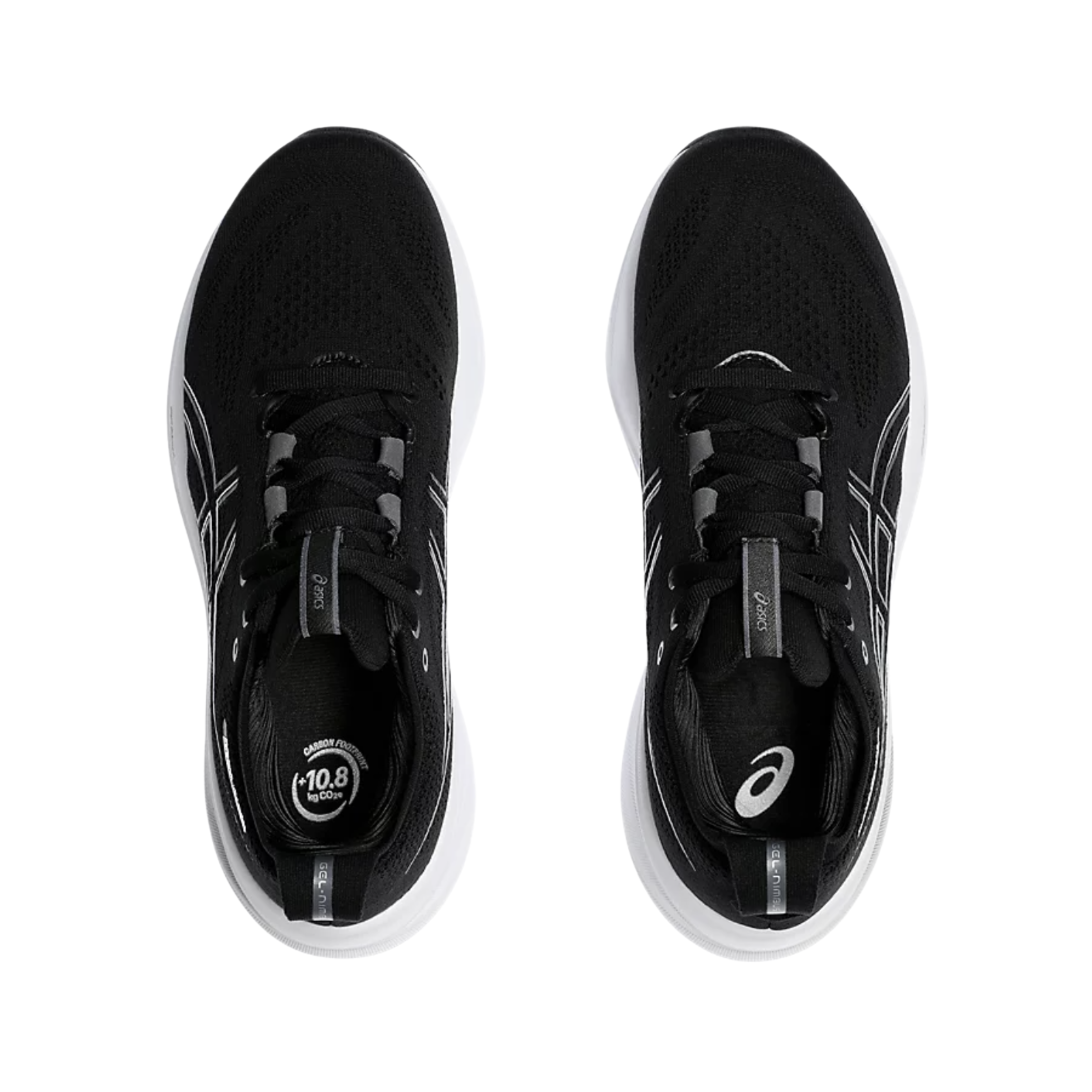 Front View of Unisex Asics Gel-Nimbus 26 running shoe in black graphite grey – featuring a breathable knit upper with rounded toe, padded tongue for comfort, and secure lace-up closure for a snug fit.