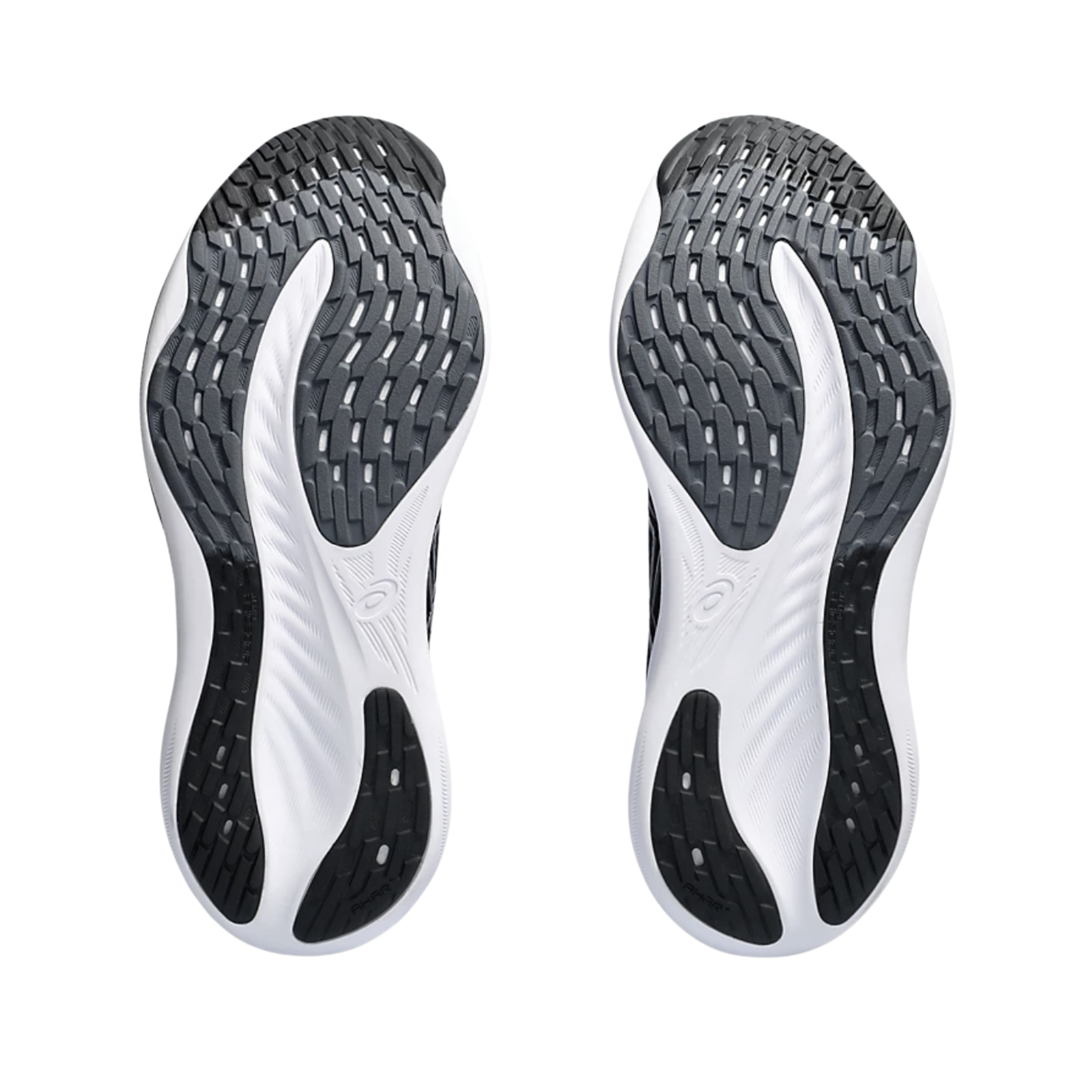 Bottom View of Unisex Asics Gel-Nimbus 26 running shoe in black graphite grey – featuring a durable AHAR rubber outsole, hybrid tread pattern for multi-surface grip, and flex grooves for smooth heel-to-toe transitions.