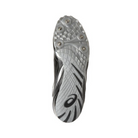 Bottom View of Men’s Asics Hypersprint 4 track spike in onyx silver – featuring a Pebax spike plate for powerful traction, strategically placed spikes for explosive starts, and durable rubber heel for added grip.