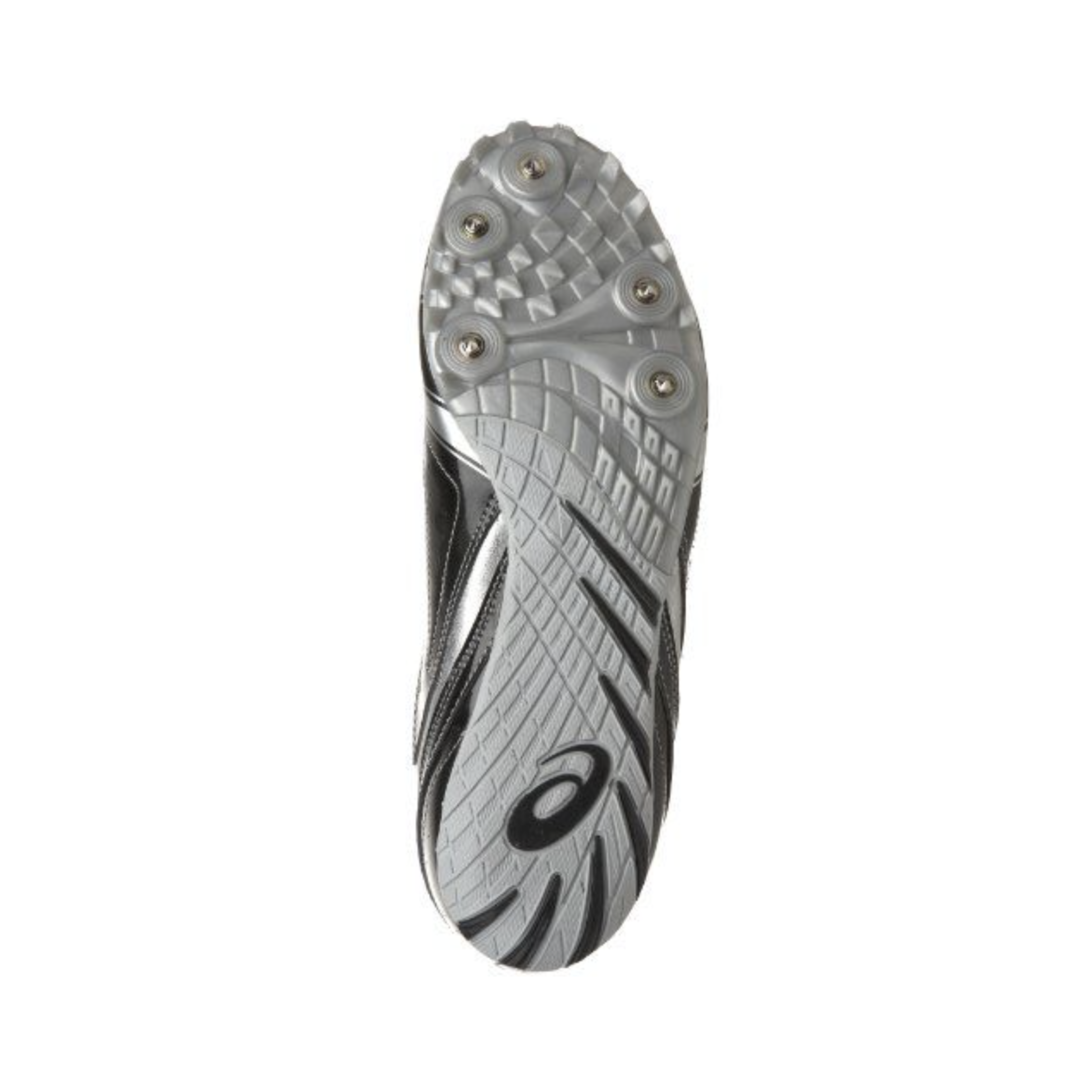 Bottom View of Men’s Asics Hypersprint 4 track spike in onyx silver – featuring a Pebax spike plate for powerful traction, strategically placed spikes for explosive starts, and durable rubber heel for added grip.
