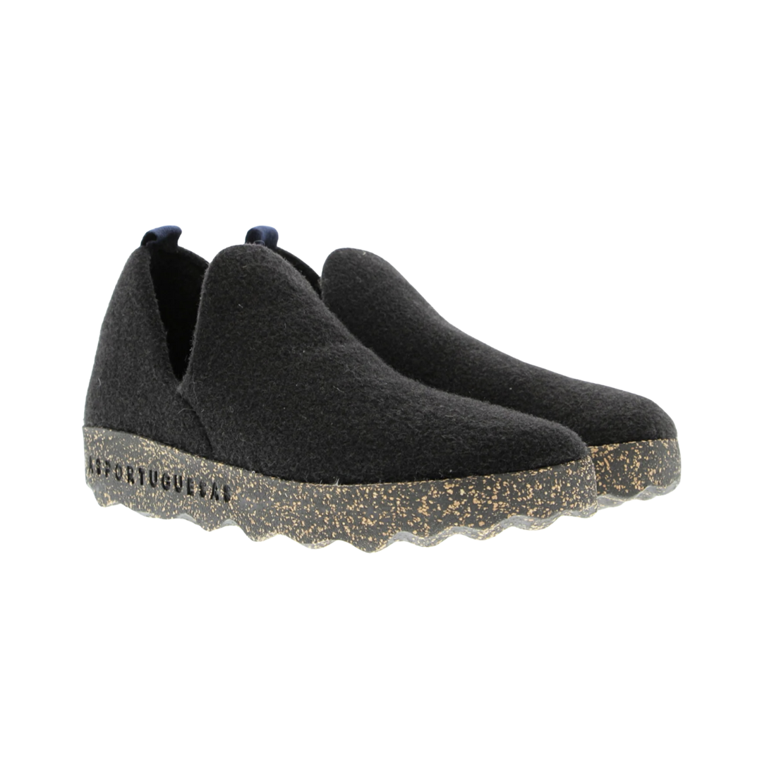 Side view of Asportuguesas City in Black Tweed – featuring a cozy recycled wool-blend upper, low-profile slip-on design, natural cork and rubber outsole, and versatile black tweed texture suitable for indoor or everyday casual wear.
