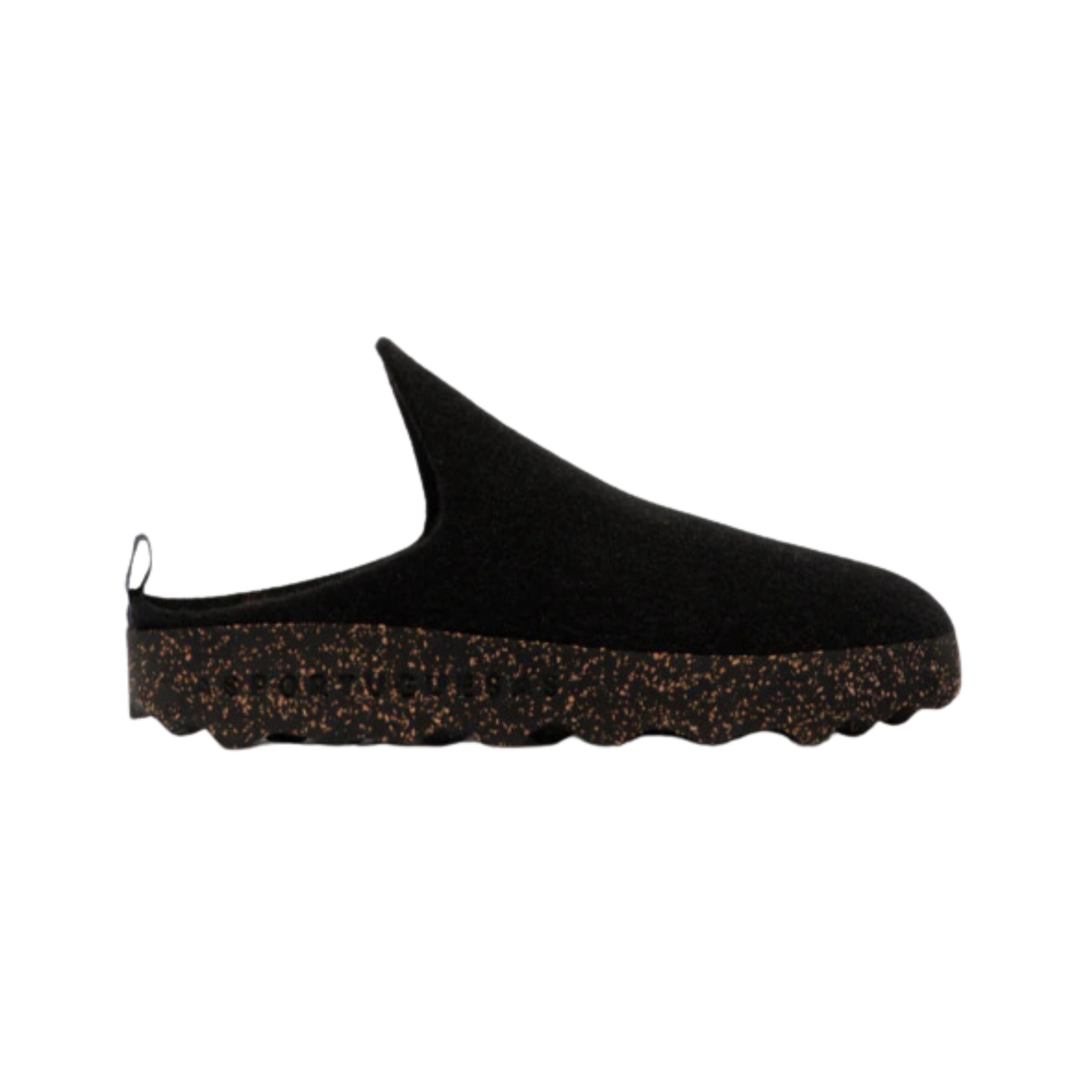 Side view of Women’s Asportuguesas Come in Black – featuring a soft felted wool upper, eco-conscious cork and rubber sole, low-profile design, and a sleek black finish for casual indoor-outdoor wear.