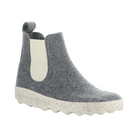 Side view of Women’s Asportuguesas Caia in Concrete – featuring a minimalist bootie-style profile, recycled wool upper in soft grey, flexible elastic inserts for easy on/off, and a cork and rubber outsole for eco-conscious cushioning.