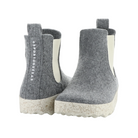 Front and Back view of Women’s Asportuguesas Caia in Concrete – featuring a rounded toe with soft felted wool upper in light concrete grey, twin elastic gore panels, and a seamless mid-cut slip-on silhouette for modern comfort.