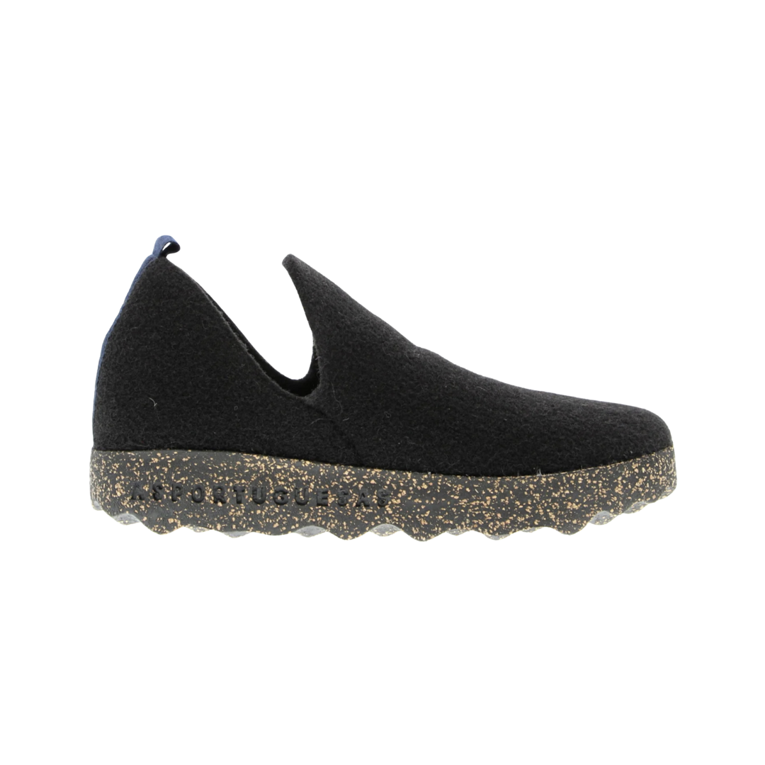 Side view of Asportuguesas City in Black Tweed – featuring a cozy recycled wool-blend upper, low-profile slip-on design, natural cork and rubber outsole, and versatile black tweed texture suitable for indoor or everyday casual wear.