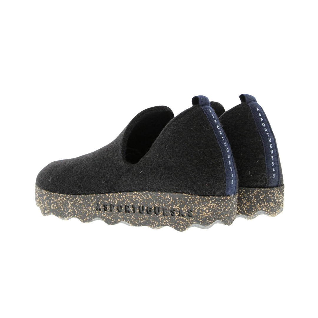 Back view of Asportuguesas City in Black Tweed – featuring a straight heel seam, flat collar, and subtly flared outsole for stability and ease of entry.