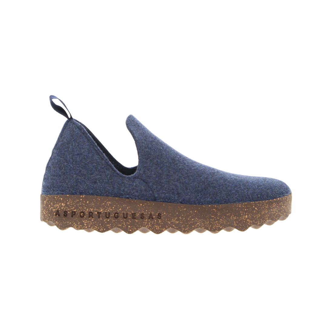 Side view of Asportuguesas City in Blue ReWooly – featuring a sustainably made ReWooly upper from recycled wool, cork and rubber blend sole for lightweight comfort, and a low-profile silhouette suitable for indoor or casual outdoor wear.