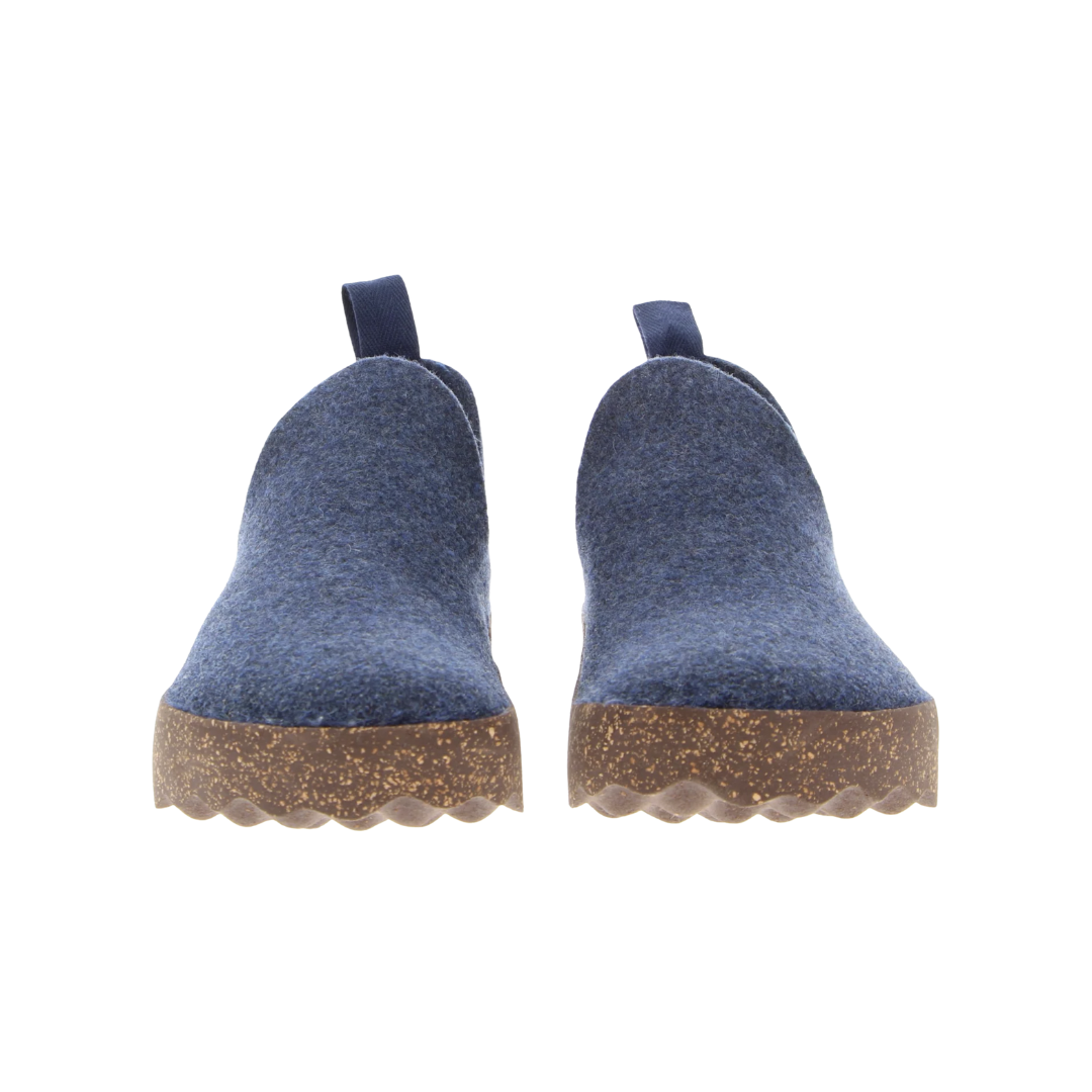 Front view of Asportuguesas City in Blue ReWooly – featuring a rounded toe with a soft felted wool upper in deep blue, slip-on design, and clean toe seam for a minimalist look.