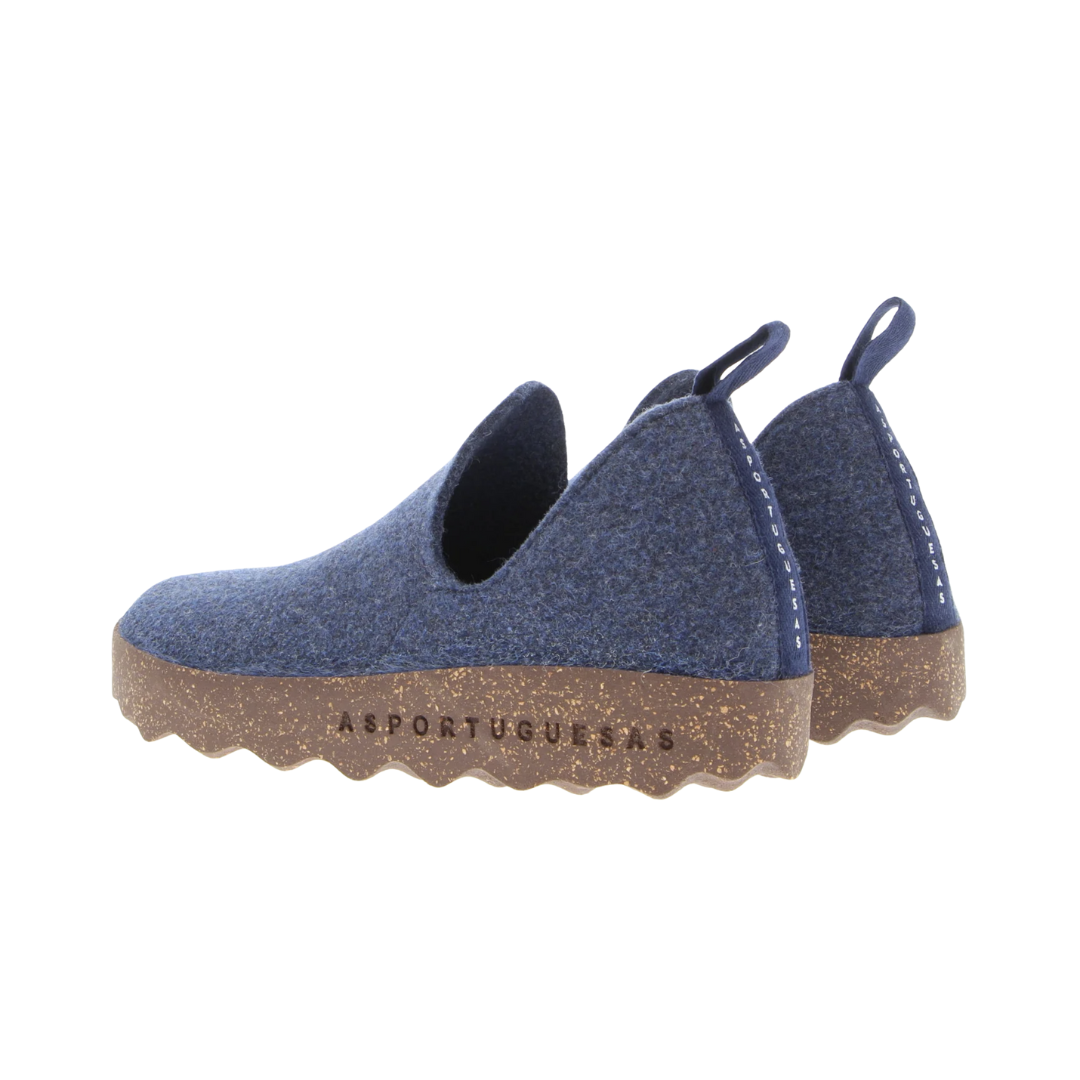Back view of Asportuguesas City in Blue ReWooly – featuring a simple, vertical heel seam, flat heel collar, and supportive sole base in a natural cork tone for eco-conscious cushioning.