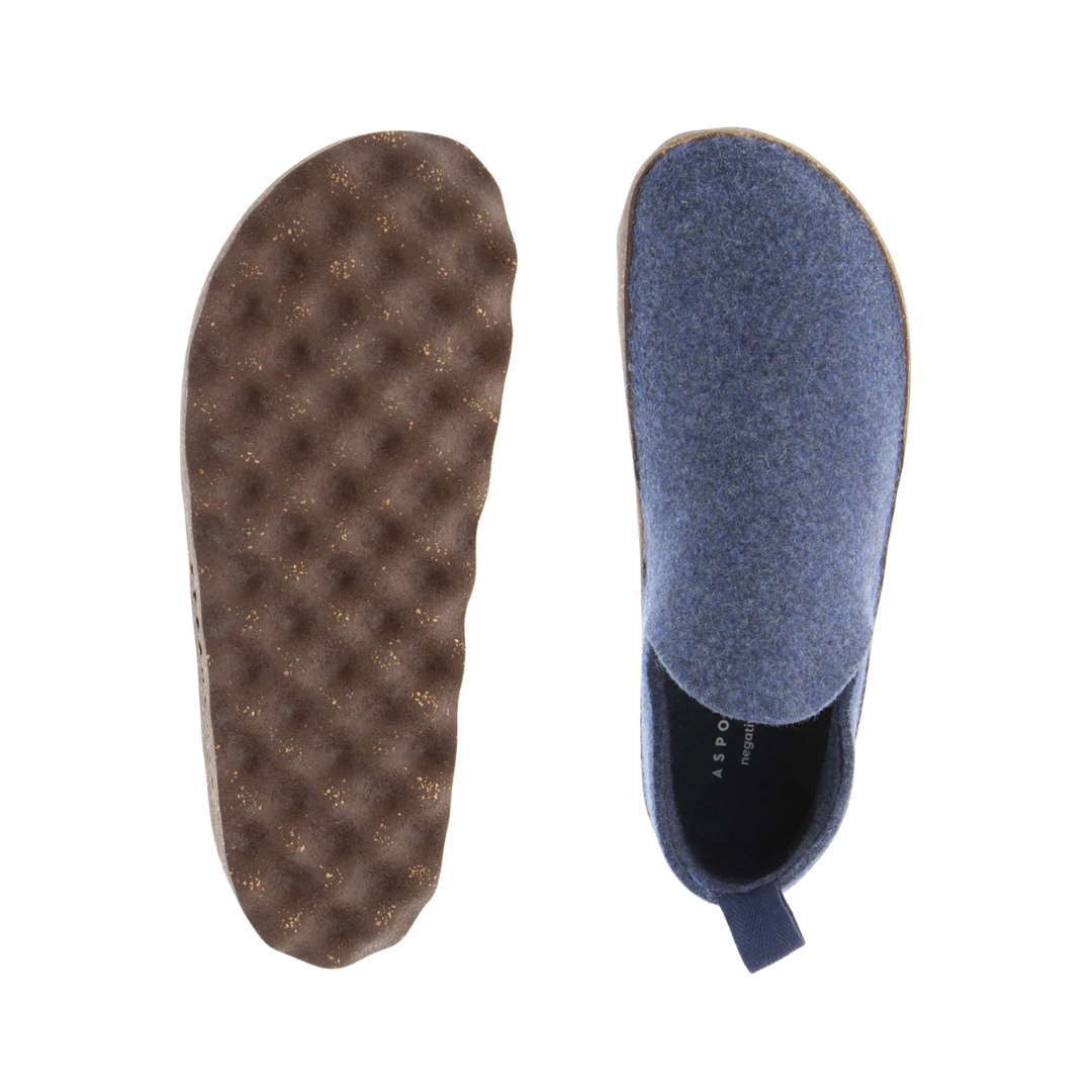 Top and Bottom view of Asportuguesas City in Blue ReWooly – featuring a cork-infused rubber outsole with textured wave tread, durable and flexible for everyday grip on smooth or uneven surfaces.