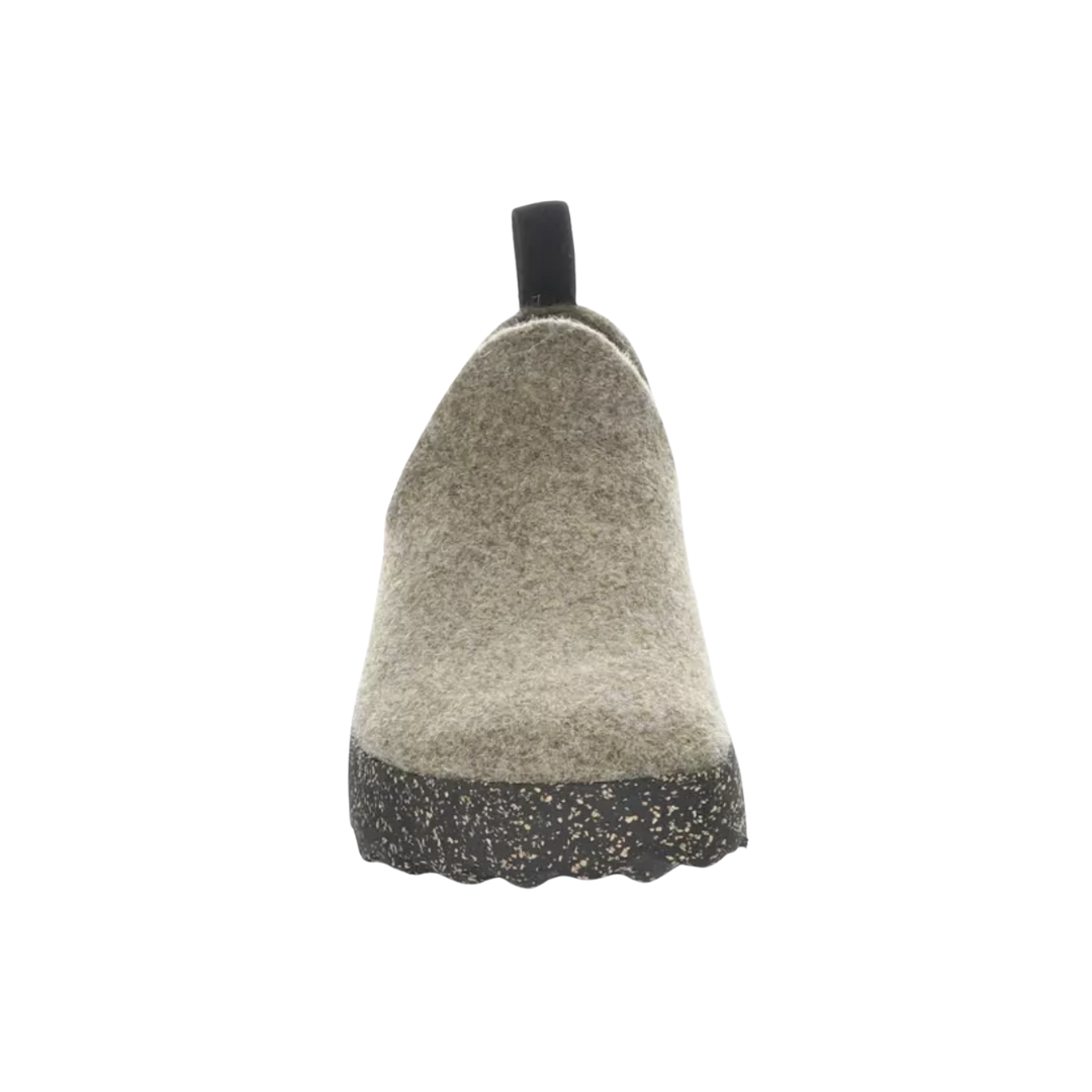 Front view of Asportuguesas City in Taupe Tweed – featuring a rounded toe with a soft wool-blend upper in neutral taupe tweed, and a seamless slip-on design for a clean, modern look.