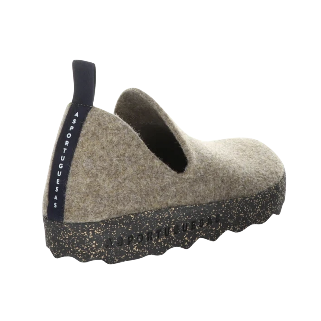 Back view of Asportuguesas City in Taupe Tweed – featuring a straight heel seam, pull-free low collar, and subtly flared outsole for stability with clean rear shaping.