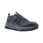 Side View of Men’s Avenger Aero Trail Composite Toe Boot in Black and Blue – featuring a composite safety toe for lightweight protection, a dual-color slip-resistant outsole for stability, and breathable mesh panels for enhanced airflow.